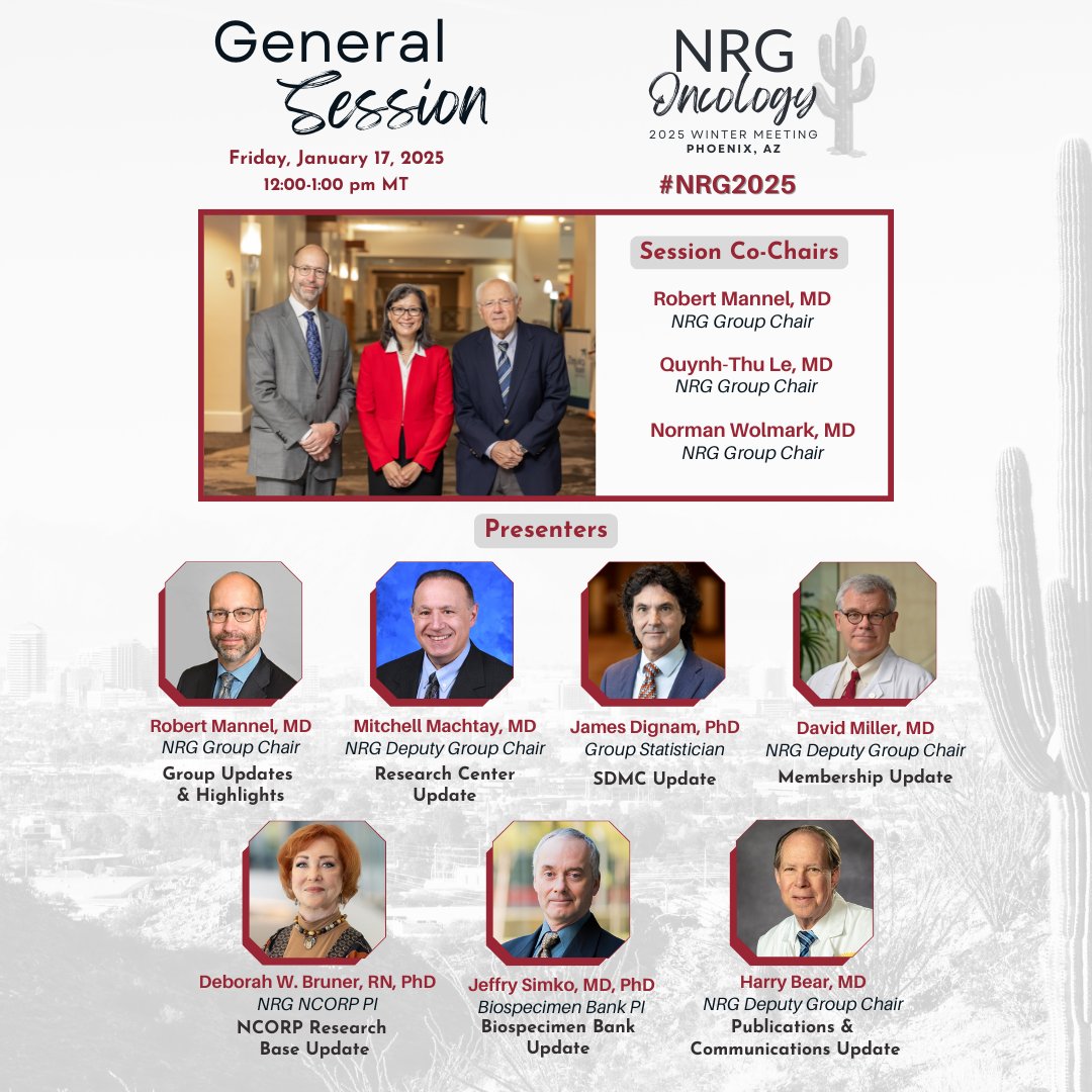 NRG Oncology (@nrgonc) on Twitter photo Don't miss all the important updates at the #NRG2025 General Session today, noon-1pm MT. Location: West 301D / 3rd Level
<a href="/Qle_stanford/">Quynh Thu Le</a>
<a href="/dsmgyo/">David Scott Miller</a>
<a href="/DeborahWBruner1/">Deborah W. Bruner</a>
<a href="/HarryBearMDPhD/">HarryBearMDPhD</a>
<a href="/MitchMachtay/">Mitchell Machtay</a> Don't miss all the important updates at the #NRG2025 General Session today, noon-1pm MT. Location: West 301D / 3rd Level
<a href="/Qle_stanford/">Quynh Thu Le</a>
<a href="/dsmgyo/">David Scott Miller</a>
<a href="/DeborahWBruner1/">Deborah W. Bruner</a>
<a href="/HarryBearMDPhD/">HarryBearMDPhD</a>
<a href="/MitchMachtay/">Mitchell Machtay</a>