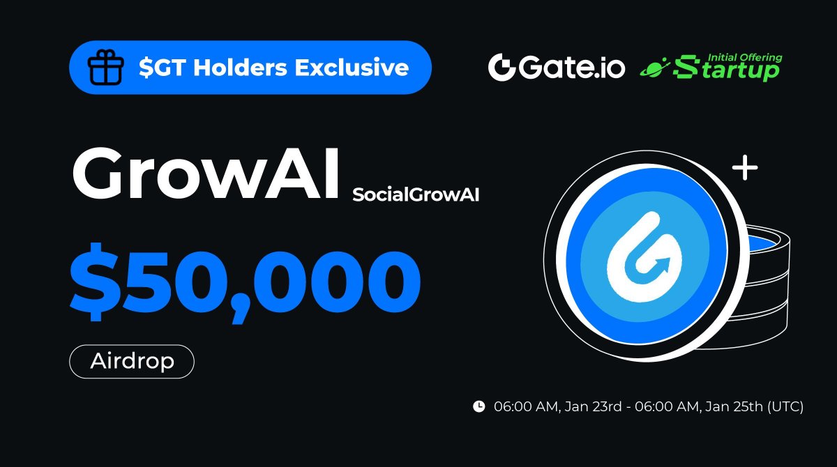 $GT Holders Exclusive: $GrowAI is LIVE! <a href="/SocialGrowAI/">SocialGrowAI</a>

✅ Hold no less than 10 $GT to share $50,000 $GrowAI! The more $GT holding, the more free airdrops.

📅 06:00 AM, Jan 23 - Jan 25 (UTC)
👉 Claim: gate.io/startup/2177

Trading: 10:00 AM, Jan 25 (UTC) 
More: