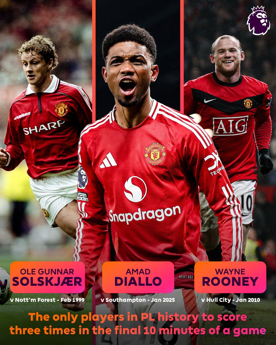 PLinUSA's tweet image. The only three players in PL history to score 3+ goals in the final 10 minutes of a game 👀

All @ManUtd 😈