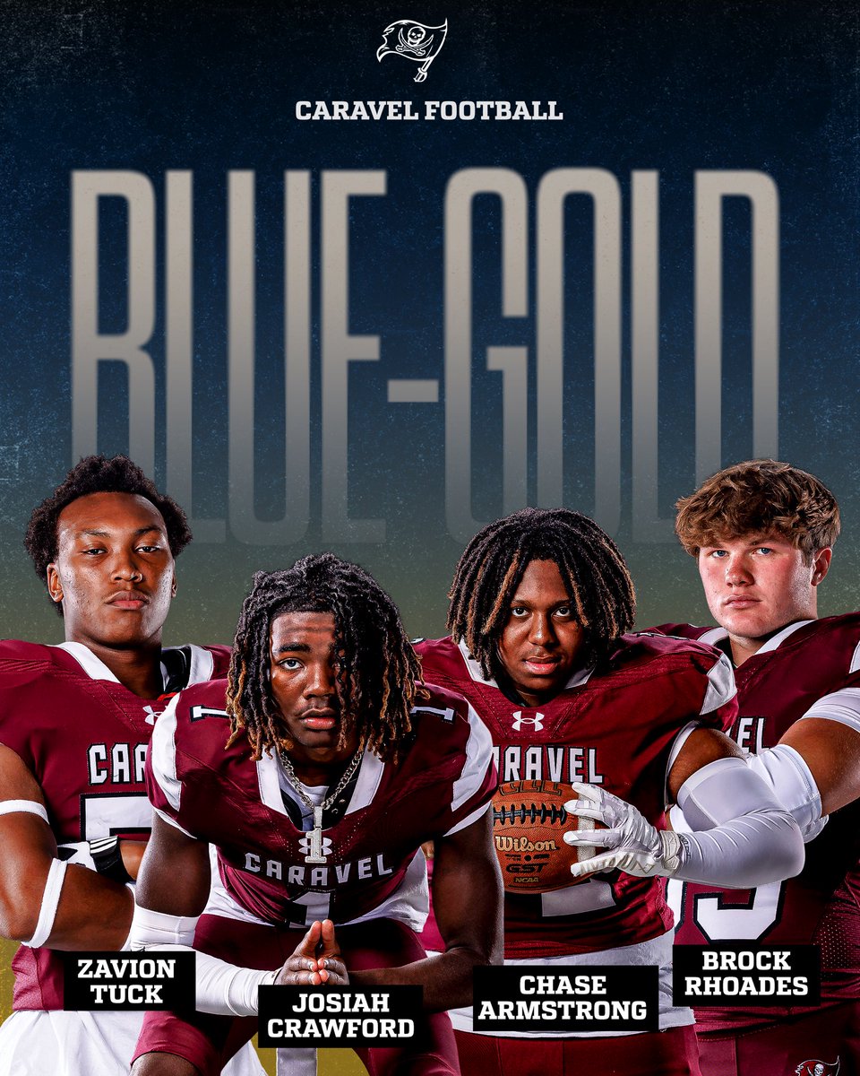 CaravelAcademy's tweet photo. Congrats to Zavion, Josiah, Chase &Brock for being chosen as Blue Gold ambassadors representing CA 6.20.25 at the DFRC Blue-Gold All Star fb game. We are very proud of these 4 outstanding student athletes! Thanks @dresmith for the graphic!! @DFRCBlueGold #dfrc @CaravelFB https://t.co/iZH1yBOMa9