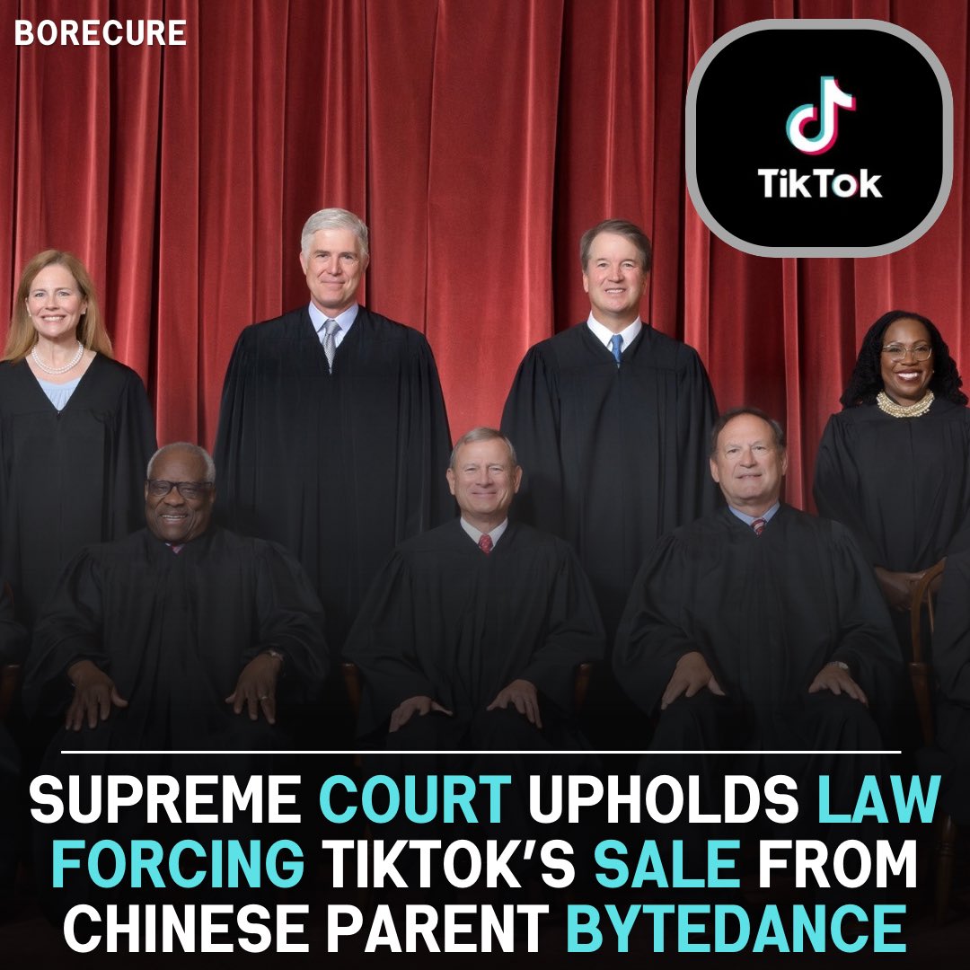 The Supreme Court unanimously upheld a law forcing TikTok’s sale from Chinese parent ByteDance, citing national security concerns over data collection.

The law requires TikTok to either divest from its parent company ByteDance or shut down in the US on January 19.