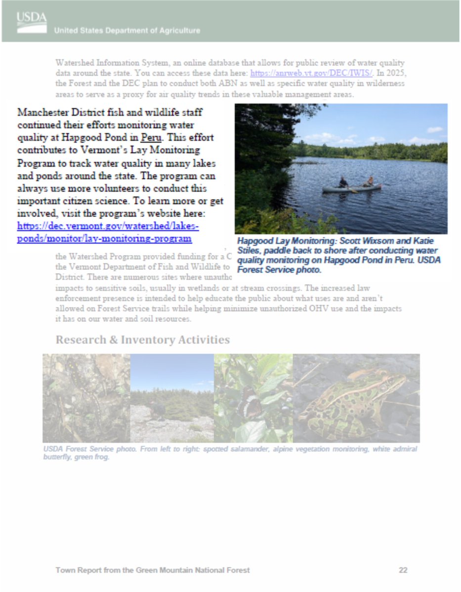 In 2024, GMNF staff monitored water quality at Hapgood Pond, contributing to VT’s Lay Monitoring Program. A program which can always use more volunteers. 😉

Lay Monitoring Program:
dec.vermont.gov/watershed/lake…

2024 Town Report: usfs-public.app.box.com/s/vfaj4k90bhnr…