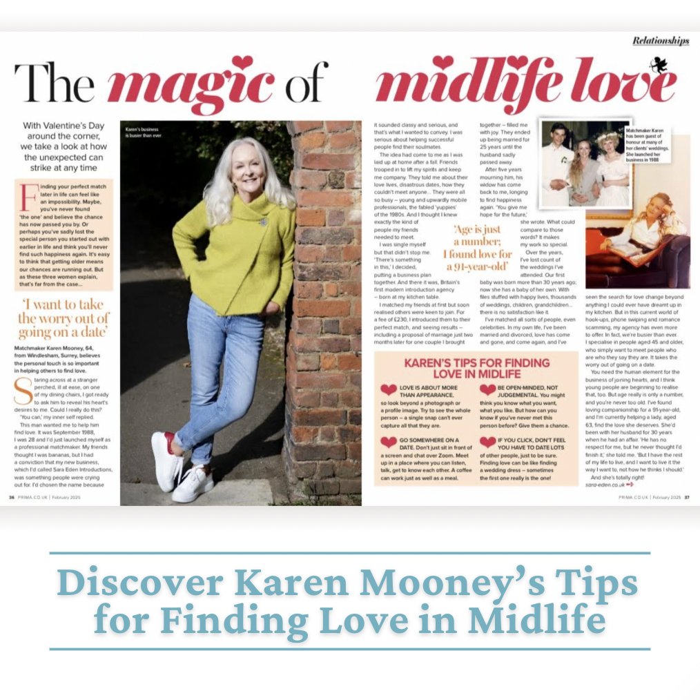 SEIntro's tweet image. Sara Eden is back in the press!

In her latest magazine feature in Prima Magazine, our founder Karen Mooney shares her thoughts on the magic of midlife love and how it can happen when you least expect it.

“Age is just a number, I found love for a 91-year-old”.