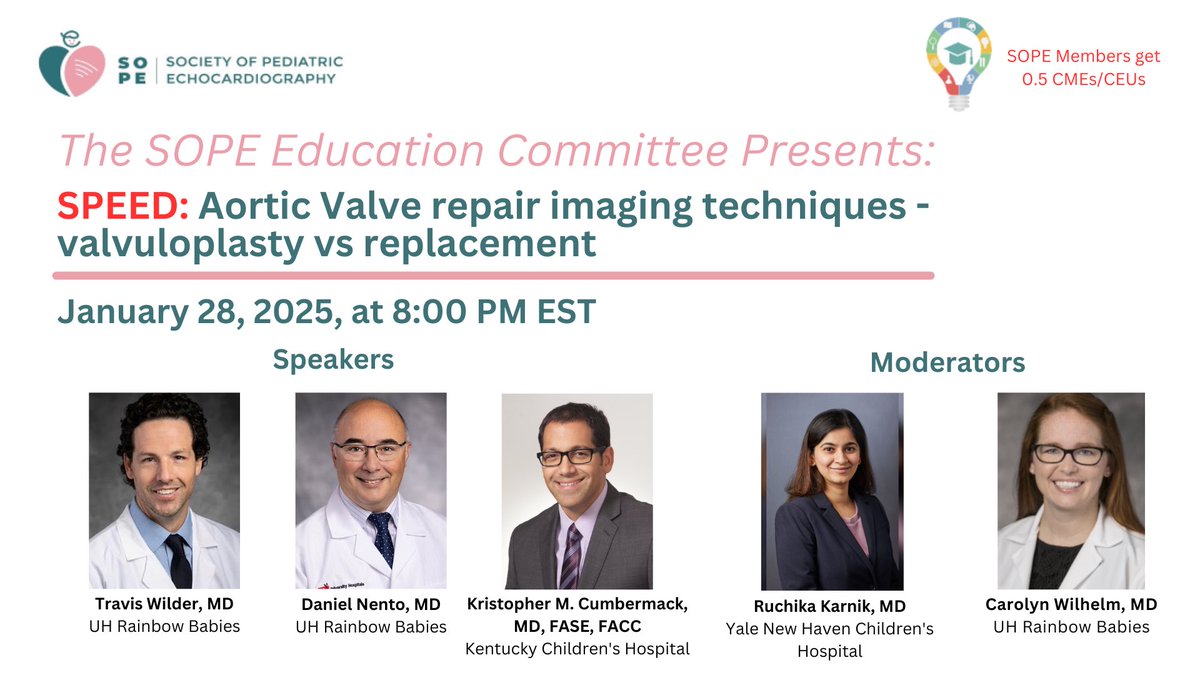 SOCIETY OF PEDIATRIC ECHOCARDIOGRAPHY (@sopedsecho) on Twitter photo Join us as we kick off 2025 SPEED on aorta valve repair imaging with Drs. Travis Wilder, Daniel Nento & Kristopher Cumbermack, moderated by Drs. <a href="/rsk86/">Ruchika Karnik, MBBS,FASE</a> & Carolyn Wilhem.
🗓️: Tuesday, January 28, 2025
⏰: 8 PM EST
Register below:
tinyurl.com/RepairedAorta Join us as we kick off 2025 SPEED on aorta valve repair imaging with Drs. Travis Wilder, Daniel Nento & Kristopher Cumbermack, moderated by Drs. <a href="/rsk86/">Ruchika Karnik, MBBS,FASE</a> & Carolyn Wilhem.
🗓️: Tuesday, January 28, 2025
⏰: 8 PM EST
Register below:
tinyurl.com/RepairedAorta