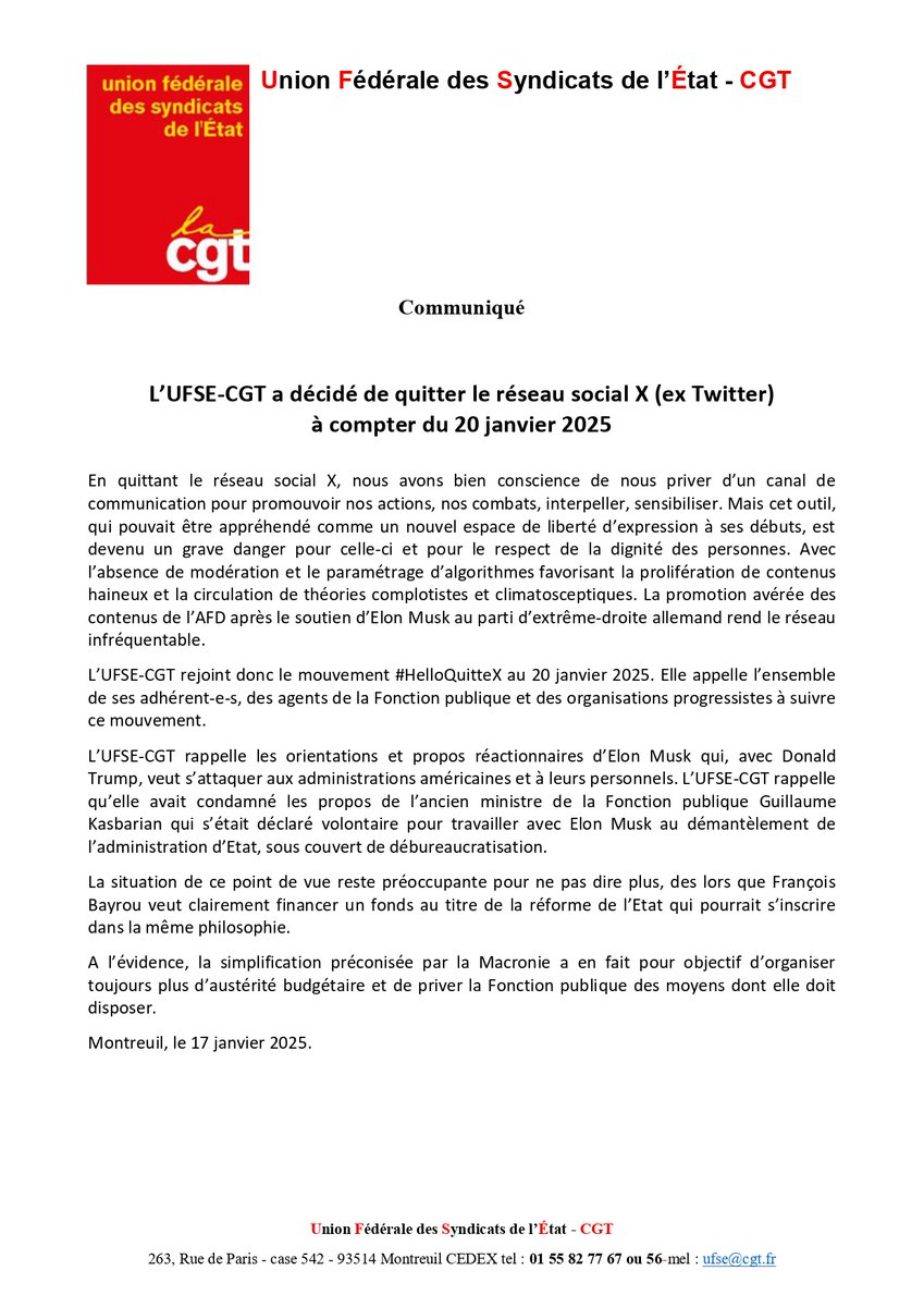 🔴Suite à la décision de sa Commission exécutive, l’UFSE-CGT a décidé de quitter le réseau social X (ex Twitter) à compter du 20 janvier 2025.
Communiqué en téléchargement 👇
 cgtetat.fr/societe-959/au…