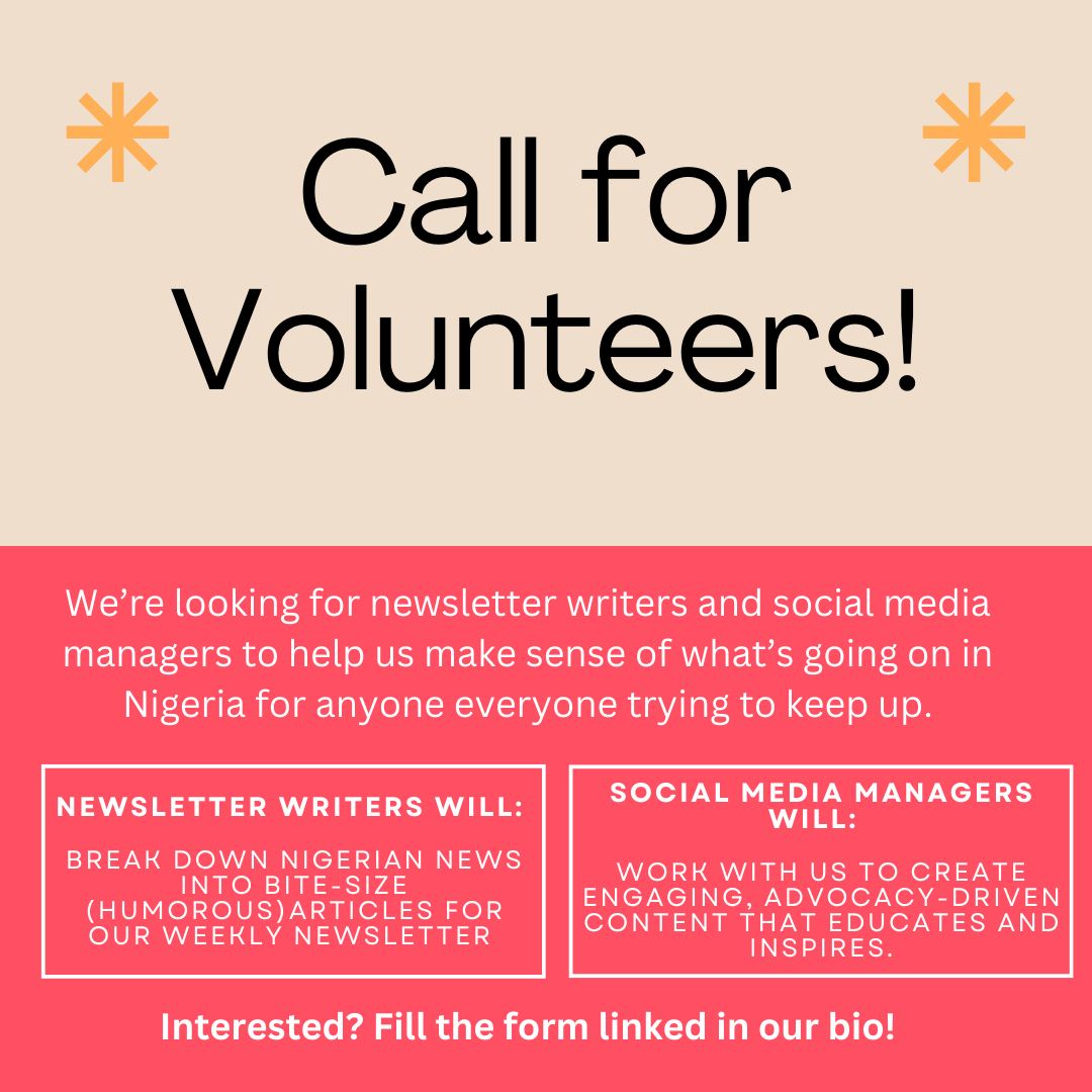 We’re looking for volunteers!

If you’re good with words or social media and want to help us make sense of what’s going on in Nigeria, we’d love to have you on the team.

Interested? Fill out this quick form forms.gle/Ekn3B5nwDnz2fm…