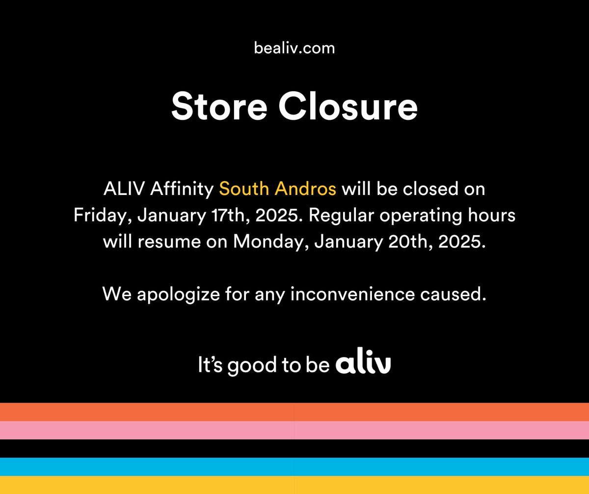 📍 South Andros  📣 Important Notice

Please be advised of the ALIV Affinity closure today.

For top-ups and plan purchases, our website buytopup.bealiv.com and the MyALIV app are available to service you 24/7.

We apologize for any inconvenience caused.
