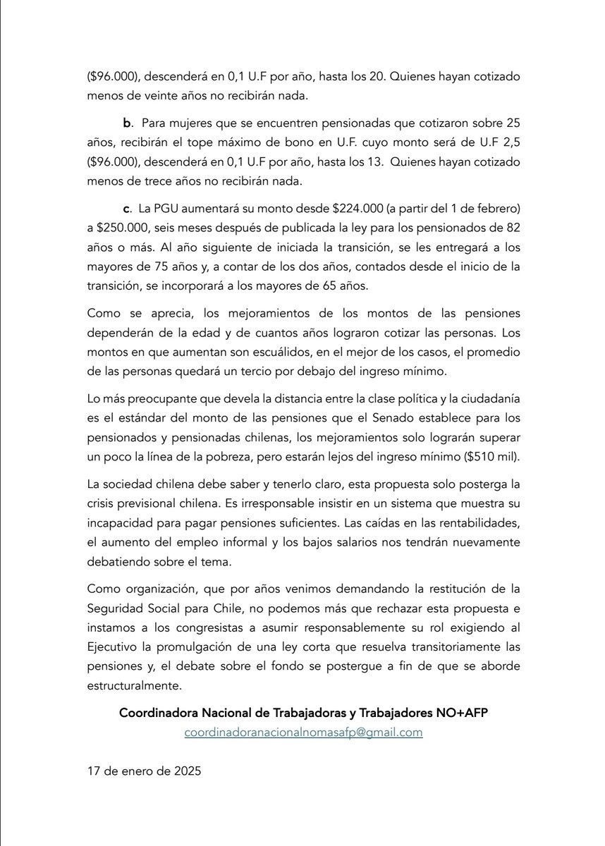 La Reforma del Gobierno no soluciona la crisis previsional y perpetúa la desigualdad
➕ poder para las AFP
⛔ Pensiones insuficientes, lejos del sueldo mínimo
❌ Penalización a mujeres que jubilen antes de 65 años
Exigimos un sistema de Seguridad Social
#NoMásAFP #PensionesDignas