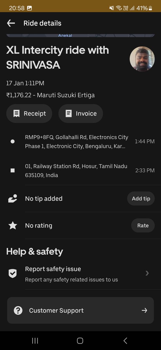umesh_dass's tweet photo. @Uber_India I booked UberXL from Bangalore to Hosur Rly Stn for my family, paid via credit card, and was charged. The driver also collected fare + interstate tax via Gpay and now ignores my calls after promising a refund. Please help. Screenshots attached. https://t.co/22klbAGkMF