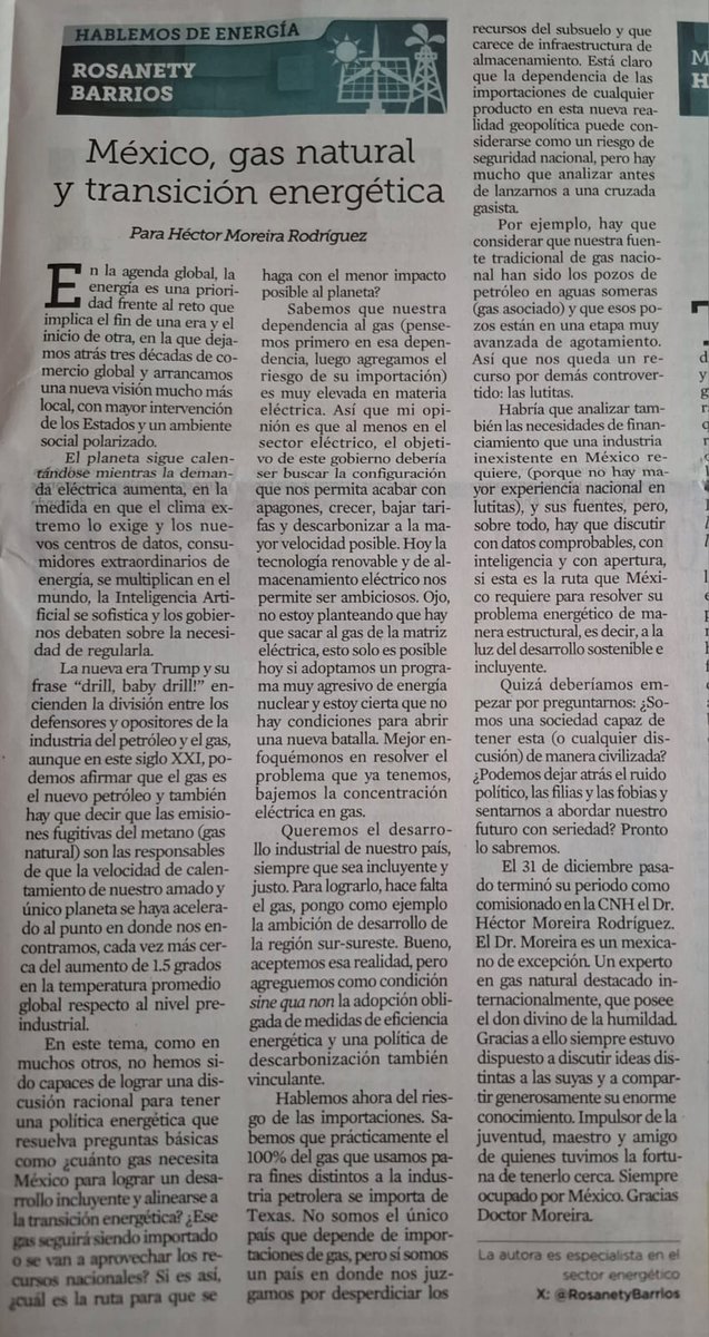 Escribí sobre la necesidad de recobrar la discusión civilizada y sí, sobre gas natural. Y para agradecer el legado de un grande en el tema: el Dr. Héctor Moreira Rodríguez. Mi columna en <a href="/Reforma/">REFORMA</a>