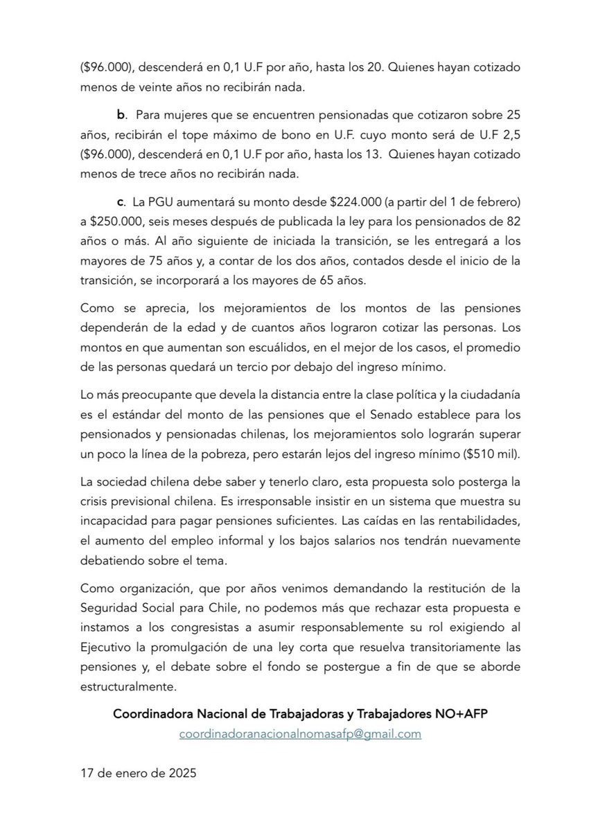 📣Las razones porqué decimos que las indicaciones del gobierno para la reforma de pensiones vienen a consolidar el sistema privado de las AFP y perpetuar las miserables pensiones, en Comunicado Público 👇🏻

#NOmasAFP