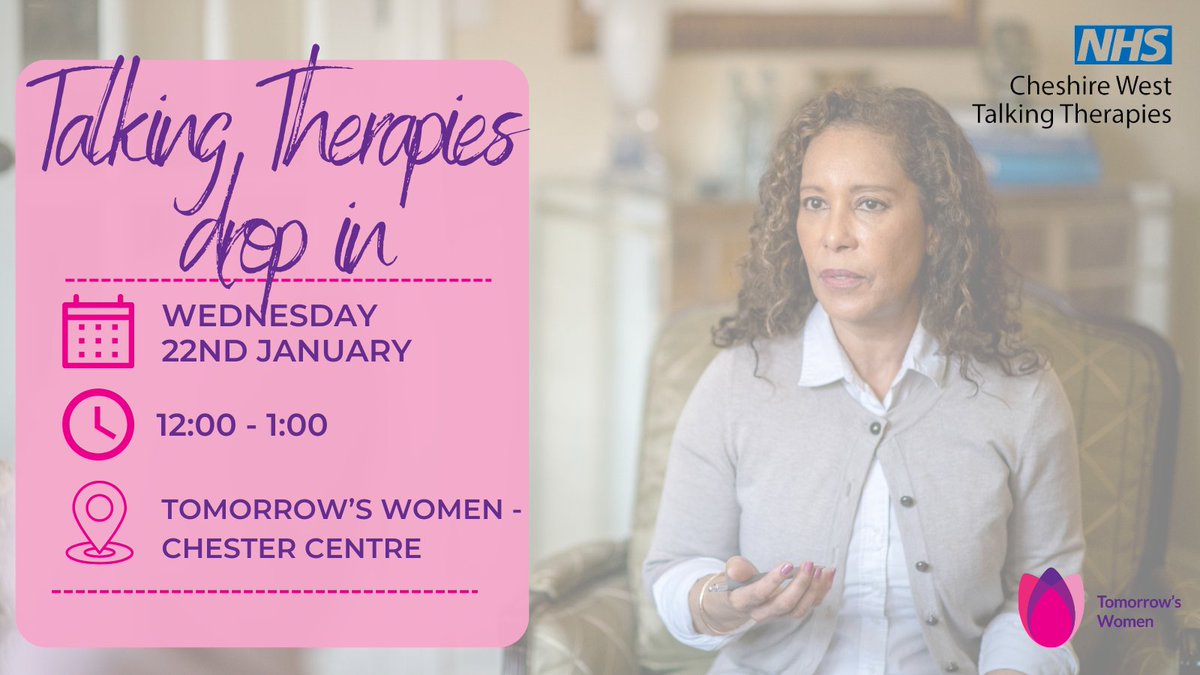 Do you feel like you would benefit from talking therapies?

NHS Cheshire West Talking Therapies will be doing a drop in on Wednesday for anxiety and depression support.

No need to book just come along from 12PM 💗

#talkingtherapies #nhstalkingtherapies #tomorrowswomen