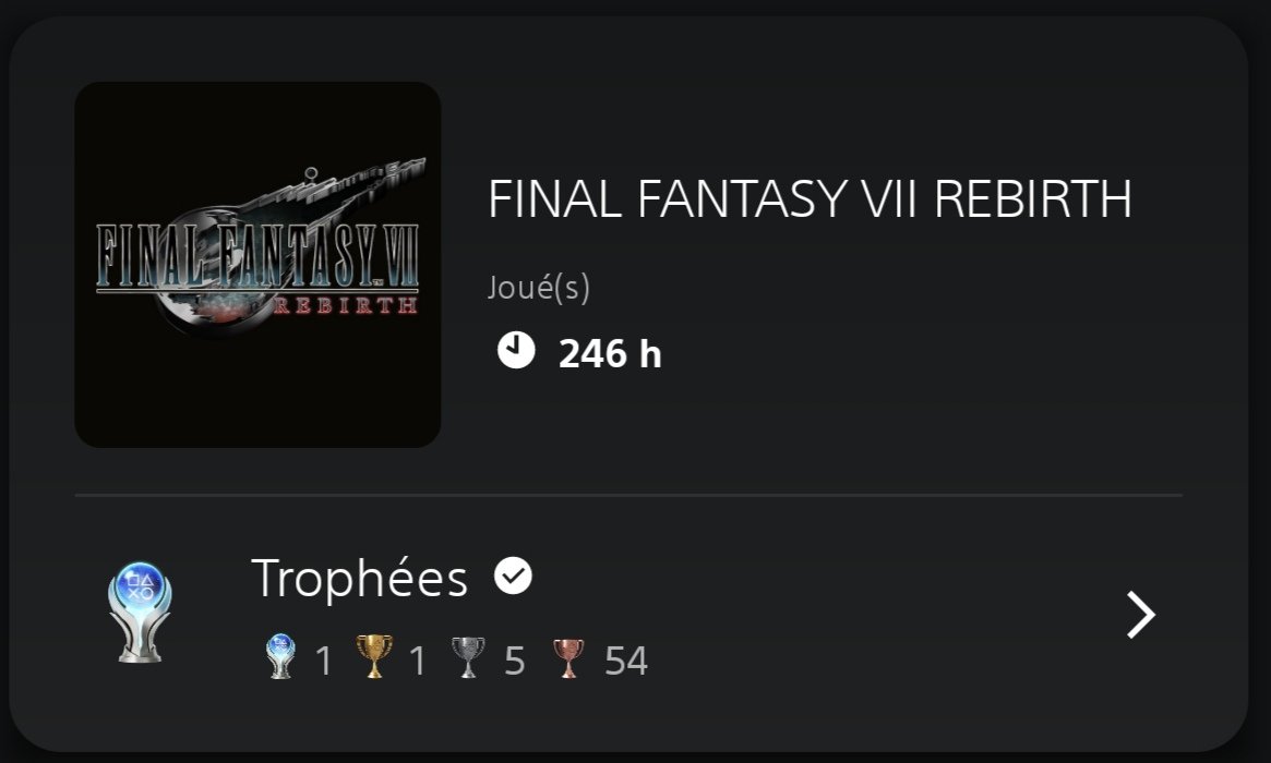 Izuria_'s tweet photo. Après des heures, des mois de tryhard... Ça y est, j'ai fait mon premier platine sur mon jeu préféré de 2024 ❤️

Merci à @lighthund de m'avoir fait découvrir FFVII original (même si je préfère FFIX - cc @NanakiX3_TV)
Merci à @LeMaty_ pour ses conseils en tant que platineur pro https://t.co/v14XcBrkP5