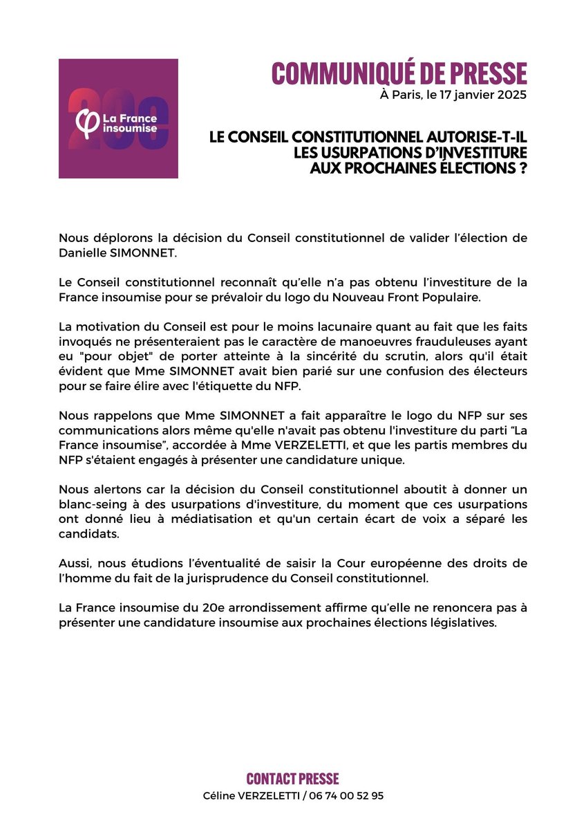 LFIPARIS20's tweet image. Le conseil constitutionnel autorise t’il les usurpations d investiture aux prochaines élections ? 
Nous déplorons sa decision de valider l élection de Danielle Simonnet.