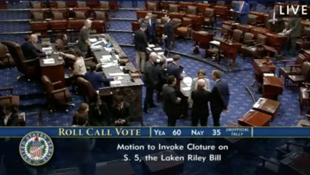 prem_thakker's tweet image. The Senate has voted 61-35 to break filibuster on the Laken Riley Act. With the help of 10 Democrats, the bill directing the detention of migrants without due process will now advance.

Democrats also helped make the bill&apos;s authority even wider than when it was first introduced.