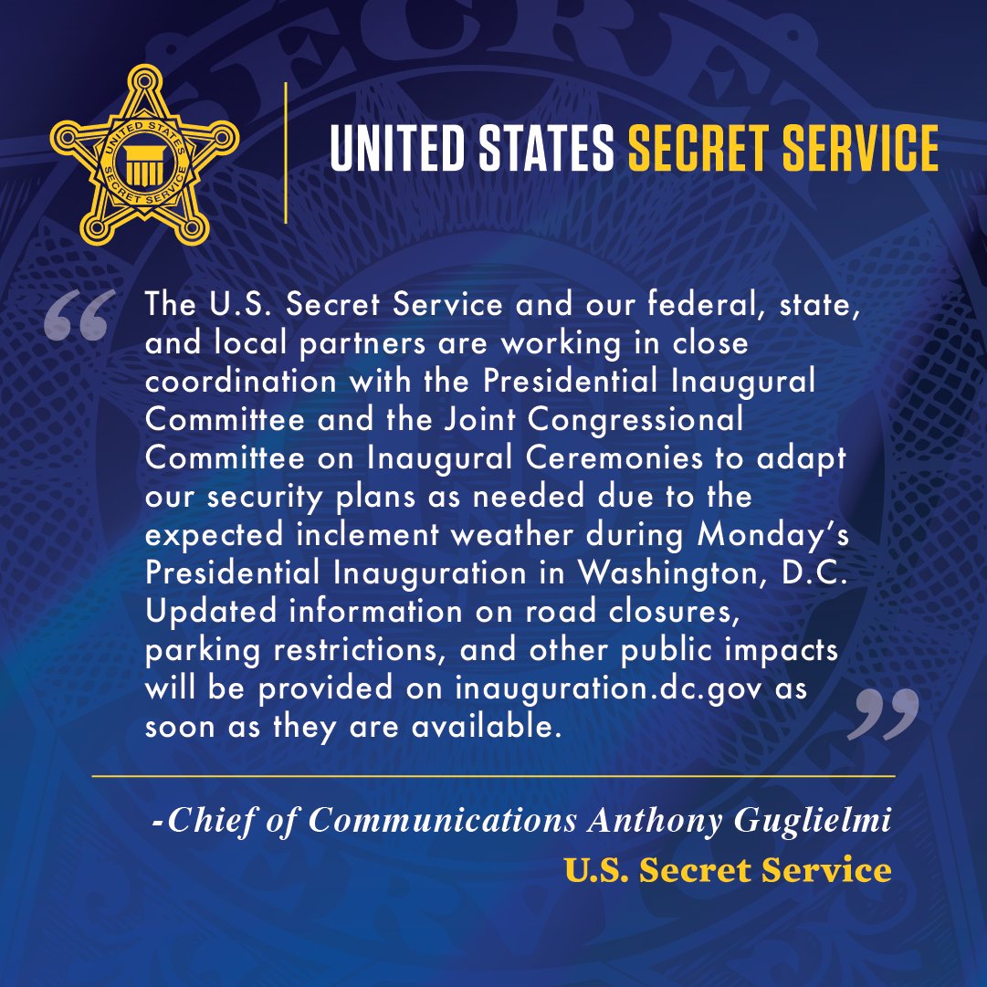 SecretSvcSpox's tweet image. Due to expected inclement weather, Monday's Presidential Inauguration is moving indoors. Our agency is working with organizing committees and other security partners to ensure attendees are safe. Additional Information will be available at inauguration.dc.gov.
