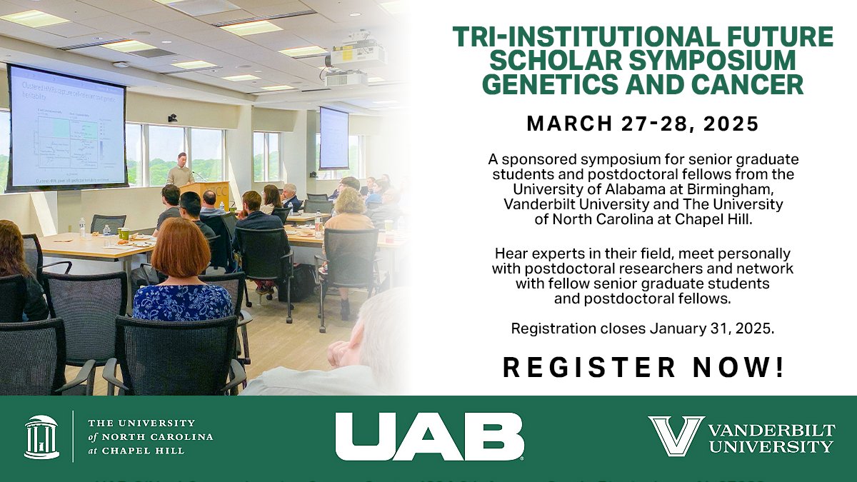 UAB O'Neal Comprehensive Cancer Center (@onealcanceruab) on Twitter photo Register for the Tri-Institutional Future Scholar Symposium: Genetics and Cancer! Hear experts, meet with postdoctoral researchers and network with fellow senior graduate students and postdoctoral fellows. Register at tinyurl.com/4nm6bewa
@VUMC_Cancer <a href="/UNC_Lineberger/">UNC Lineberger</a> Register for the Tri-Institutional Future Scholar Symposium: Genetics and Cancer! Hear experts, meet with postdoctoral researchers and network with fellow senior graduate students and postdoctoral fellows. Register at tinyurl.com/4nm6bewa
@VUMC_Cancer <a href="/UNC_Lineberger/">UNC Lineberger</a>