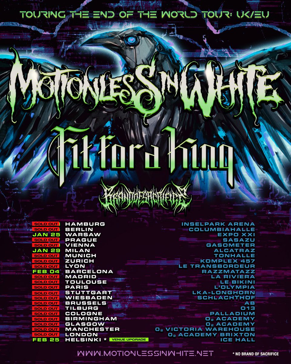 We are one week away from the biggest headliner in Europe that we've ever done! There are no words to express our excitement to finally bring our show overseas and headline for you. We'll see you next week!

Tickets for the 4 available shows: motionlessinwhite.net/tour