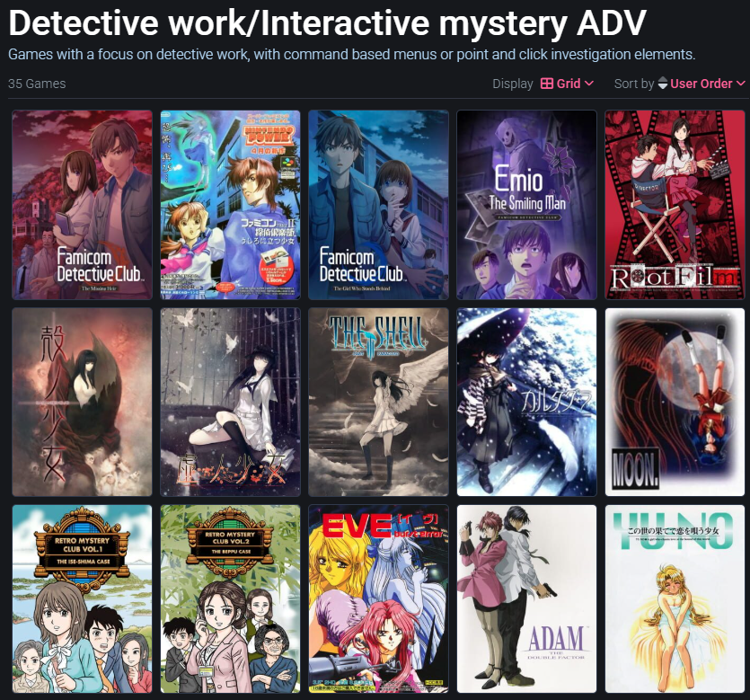 BimboLeaf's tweet image. Made a list of English translate detective/interactive mystery ADV games, either with command menus, point in click elements, or games with a large number of branching options

Probably missing some but it's a start
backloggd.com/u/OatMilker/li…