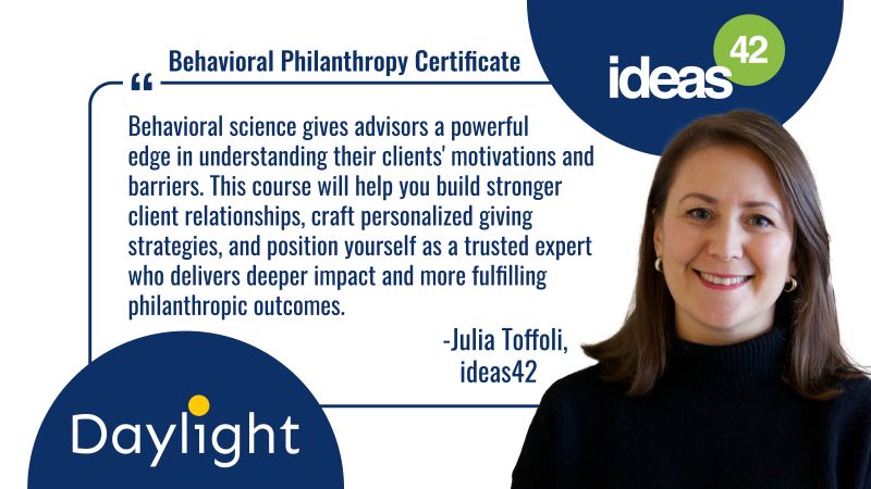 Registration is open now for the Behavioral Philanthropy Certificate!

Developed in partnership with Daylight, the Behavioral Philanthropy Certificate dives into the psychological factors influencing donor behavior.

Learn more and register💡

daylightadvisors.com/certificates-b…