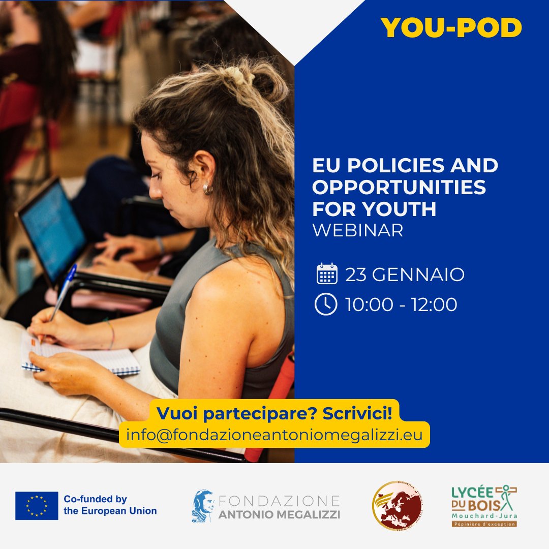 Fondazione Antonio Megalizzi (@fondmegalizzi) on Twitter photo 🇪🇺 il 23/01 partecipa al Webinar "EU Policies and Opportunities for Youth"!
Scopri cosa significa essere cittadini europei e approfondisci le politiche e le iniziative dedicate ai giovani.
👉 Per partecipare, invia una mail a info@fondazioneantoniomegalizzi.eu e ricevi il link! 🇪🇺 il 23/01 partecipa al Webinar "EU Policies and Opportunities for Youth"!
Scopri cosa significa essere cittadini europei e approfondisci le politiche e le iniziative dedicate ai giovani.
👉 Per partecipare, invia una mail a info@fondazioneantoniomegalizzi.eu e ricevi il link!