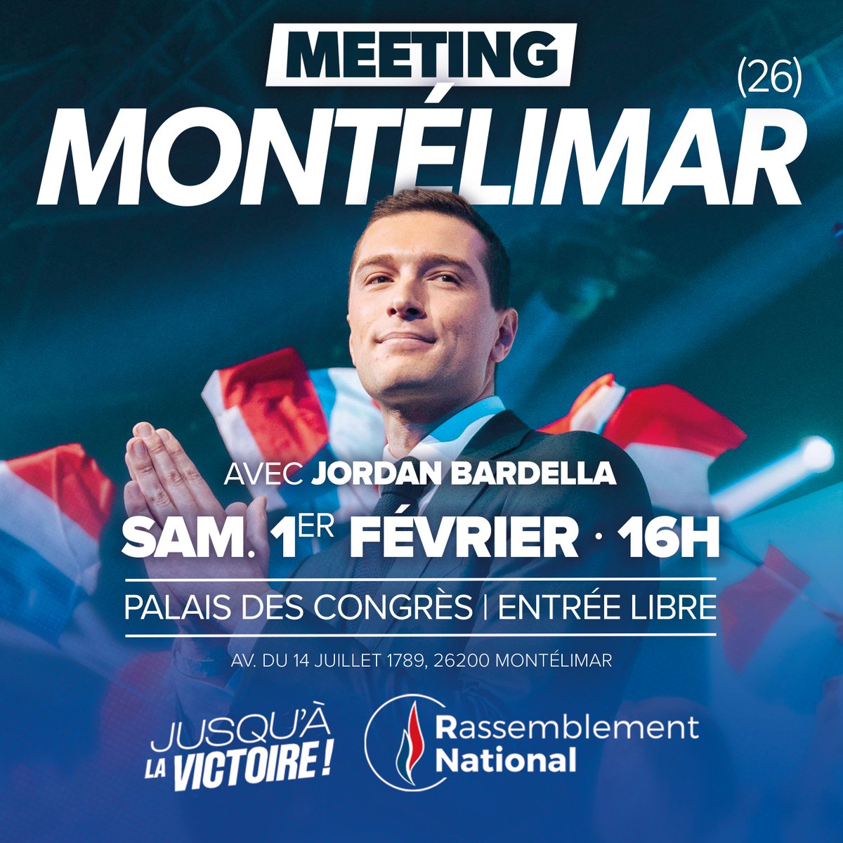 🔵 Samedi 1er février, tous à Montélimar (26) !

🇫🇷 Rendez-vous au Palais des Congrès Charles Aznavour à 16h pour notre meeting avec <a href="/J_Bardella/">Jordan Bardella</a> !

📖 Le président du RN dédicacera son livre « Ce que je cherche » à la fin du meeting.

🎟️ Inscriptions : my.weezevent.com/rn-montelimar25