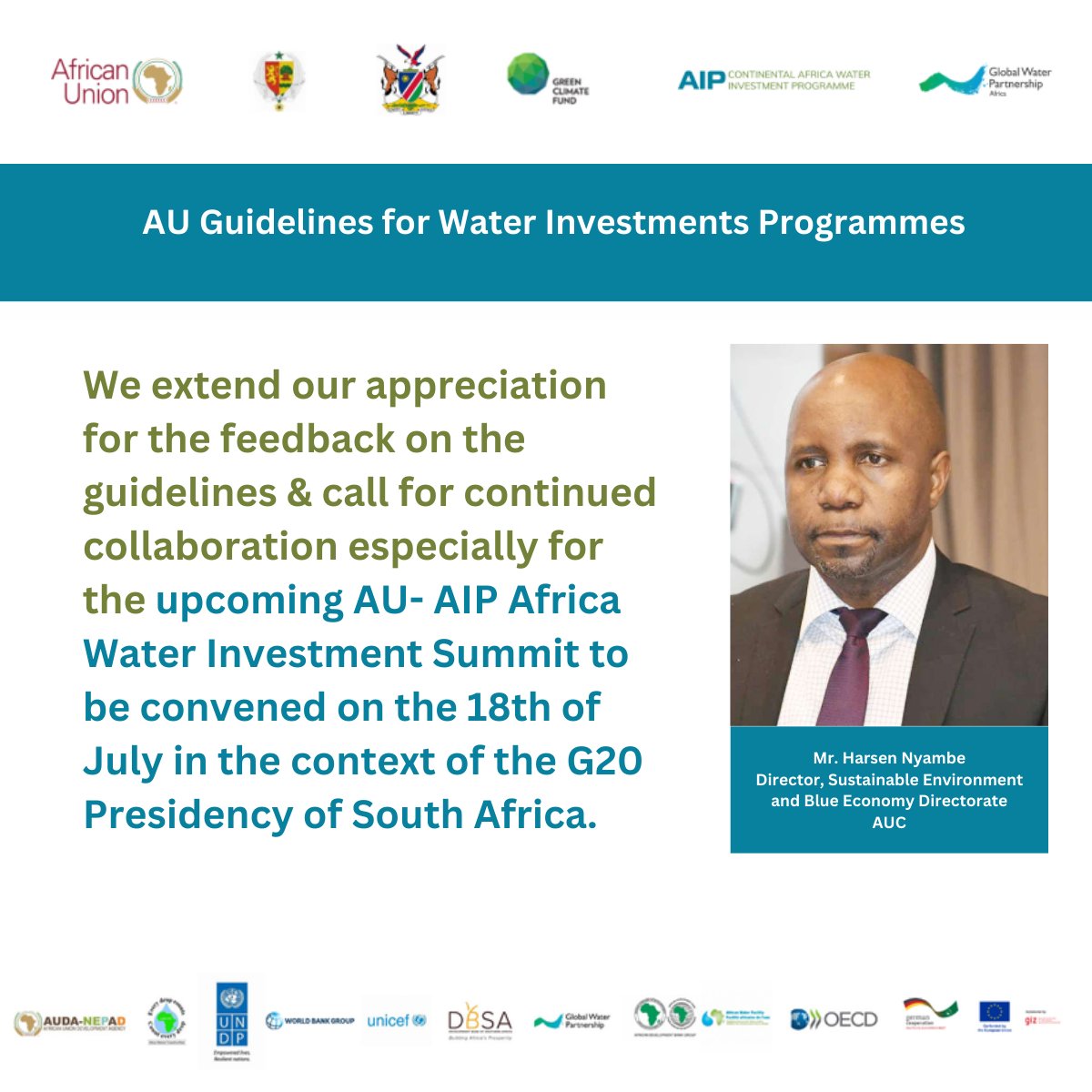More than 100 stakeholders from across Africa and around the world convened and contributed to the ongoing process of developing AU guidelines for National Climate Resilient Water Investment Programmes.