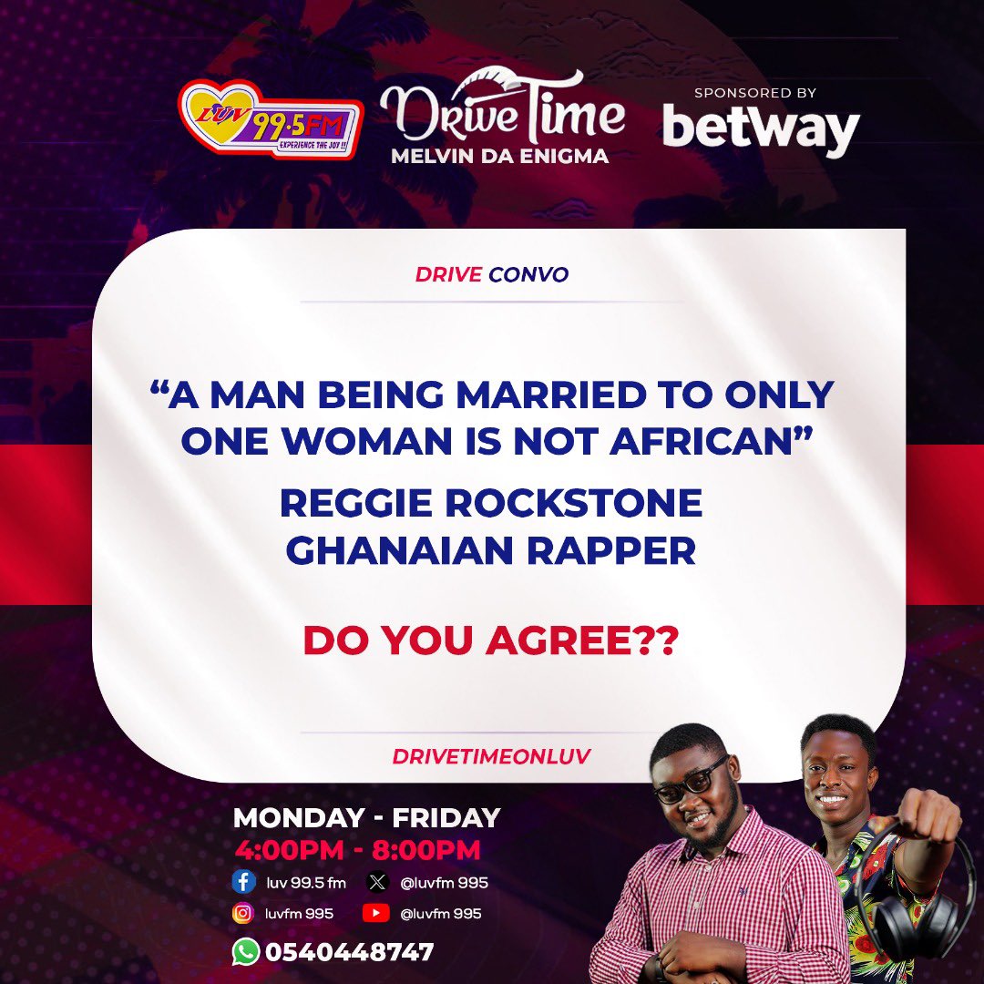 0xWhitehatn3's tweet photo. “A man being married to only one woman is not African” - @ReggieRockstone 

Do you agree?

Share your thoughts with @MelvinDaEnigma, @SamuelJupitar and @djayhashtag1 with the tag #DriveTimeOnLuv https://t.co/a0BVr9BdM2