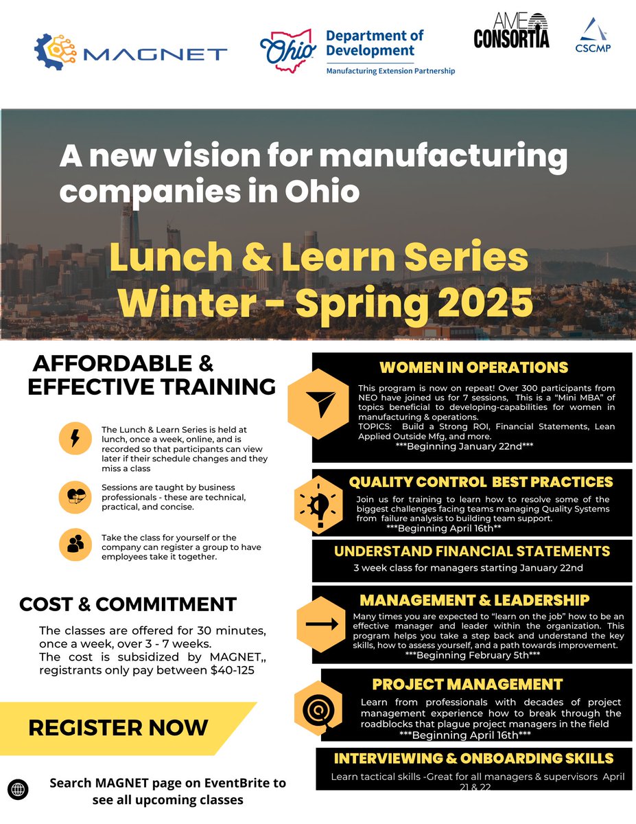 Winter 2025 Lunch &amp; Learn Series is here! 

Bite-sized, 30-min weekly online sessions on:
🔹 Women in Operations (1/22)
🔹 Management &amp; Leadership (2/5)
🔹 Quality Control (4/16)
🔹 Project Management (4/16)

Affordable training ($40-$125).
Register now: shorturl.at/Mtau1