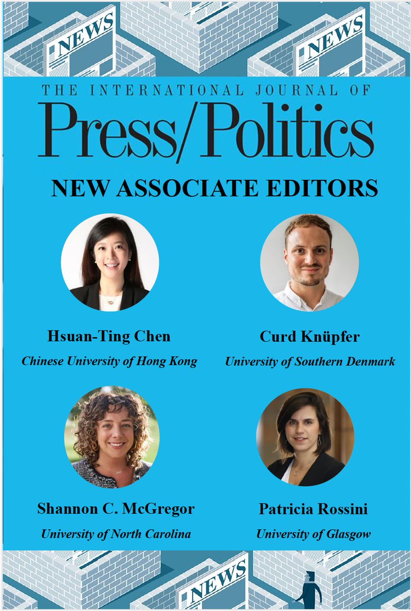I’m delighted to announce the appointment of four outstanding scholars as Associate Editors for The International Journal of Press/Politics. Please join me in warmly welcoming: <a href="/htchen_/">Hsuan-Ting (Ting) Chen</a>   
Curd Knüpfer, Shannon McGregor &amp; Patricia Rossini #IJPP