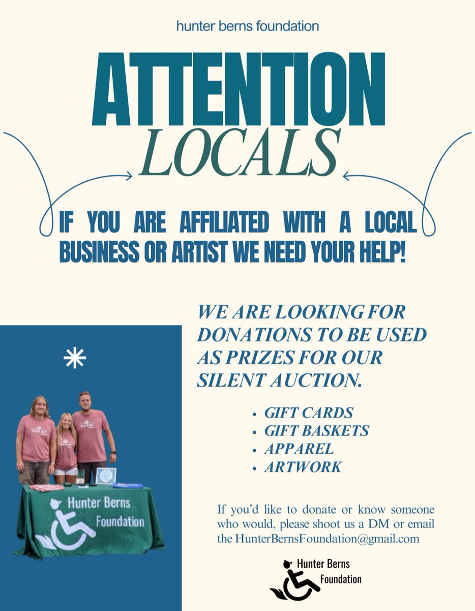 Hunter Berns Foundation (@hunterbernsfndn) on Twitter photo As we prepare for our next event, we are looking for YOUR help.
We are looking to connect with local businesses/artists who'd like to donate prizes or silent auction items.
If you or someone you know would like to help DM us or email us at hunterbernsfoundation@gmail.com As we prepare for our next event, we are looking for YOUR help.
We are looking to connect with local businesses/artists who'd like to donate prizes or silent auction items.
If you or someone you know would like to help DM us or email us at hunterbernsfoundation@gmail.com