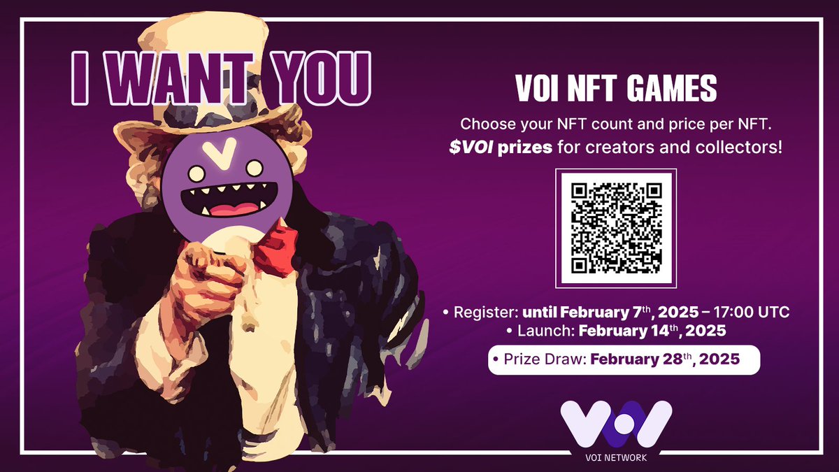 🎉 Unveiling the Voi NFT Games 🎉

Win $VOI prizes, simply by creating or collecting NFTs!  🎨

It's that easy!!  🚨  Just don't forget to check the dates below:

1️⃣  Register until February 7th (17:00 UTC)
2️⃣  Launch from February 14th
3️⃣  Prize Draw on February 28th

Don't miss