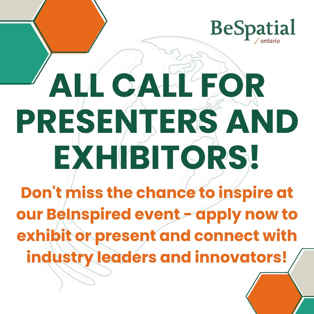 Exhibitors &amp; speakers wanted! Showcase your innovations &amp; share your stories at BeSpatial's 2025 BeInspired event. Connect, demonstrate, &amp; inspire! Contact: bespatial_event(at)bespatialontario.ca &amp; programs(at)bespatialontario.ca #BeInspired2025 #GeoSpatial #ExhibitWithUs