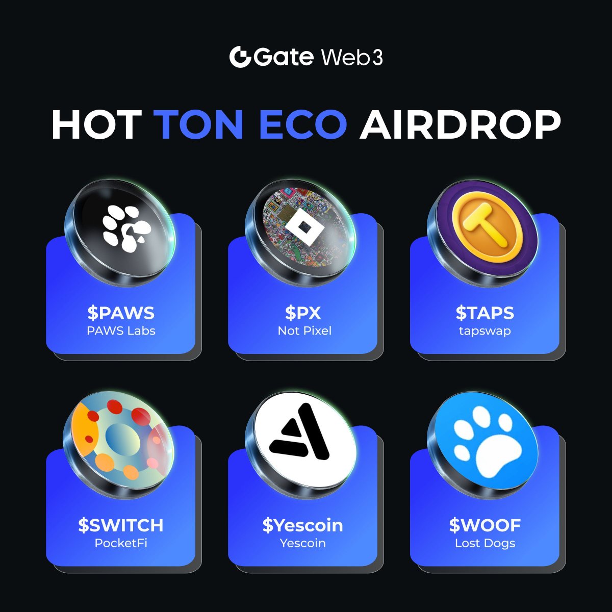 GateDEX's tweet photo. 🤑 $PAWS $PX $TAPS $SWITCH #Yescoin $WOOF $BLUM $WTON $DUCKS are the most anticipated airdrop on #TON 🪂
💰Which #Ton Airdrops are you waiting for most⁉️
💎 $PAWS ➡️ @PawsUpLabs 👣
💎 #NotPixel ➡️ @notpixelx 👾
💎 #TAPSWAP ➡️ @theTapCoins 🤖
💎 $SWITCH ➡️ @pocket_fi 🌈
💎 #Yescoin ➡️ @the_yescoin ✅
💎 $WOOF ➡️ @LostDogsCo 🐶
💎 $BLUM ➡️ @blumcrypto 🖤
💎 #WONTON ➡️ @WONTONorg 🥟
💎 $DUCKS ➡️ @Ducks_realcoop 🦆
💎 $SEED ➡️ @SeedCombinator 🌱
💎 #RatsKingdom ➡️ @The_RatsKingdom 🐭
💎 #Boinker ➡️ @BoinkersIO 💩
💎 #FreeDogs ➡️ @theFreeDogs_bot 🐶
💎 #TonCapy ➡️ @Ton_Capy 🌟
🔥1 user wins $5 Tokens
1️⃣Follow @GateWeb3Wallet
2️⃣Like、RT & Tag 3 friends
3️⃣Vote with #TON
💪Claim Hot Project Airdrops🌐: https://t.co/wU07eqodcK
#GateWeb3Wallet #Ton #Meme #MiniGame