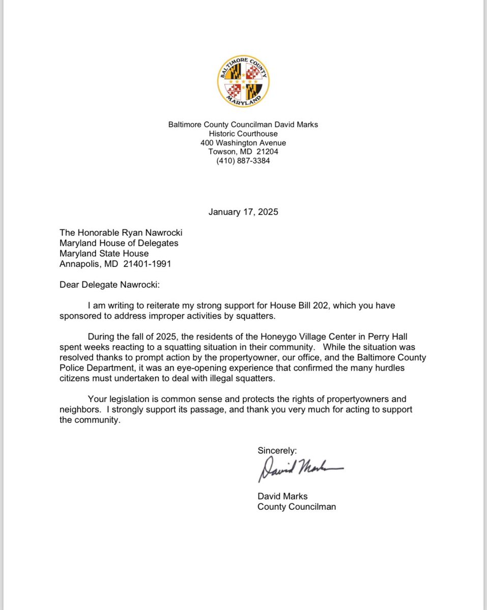 Ryan Nawrocki (@ryanformaryland) on Twitter photo Thanks <a href="/david_s_marks/">David Marks</a> for your letter of support for HB202! My legislation protects property owners, criminalizes squatters AND those who produce fraudulent documents. There are often two victims in these scenarios.
🏠 Sign up TODAY to testify in favor of my bill by 6PM at Thanks <a href="/david_s_marks/">David Marks</a> for your letter of support for HB202! My legislation protects property owners, criminalizes squatters AND those who produce fraudulent documents. There are often two victims in these scenarios.
🏠 Sign up TODAY to testify in favor of my bill by 6PM at