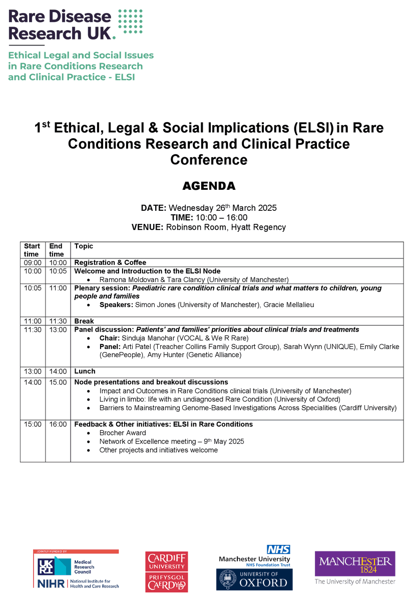 ELSI - Rare Disease Research UK (@rdruk_elsi) on Twitter photo 📢1st ELSI Conference Agenda
🗓️26 March 2025
🏨Hyatt Regency, Manchester
Please register your attendance for free using the link below:
buytickets.at/rdrukepigenrar…
<a href="/ramonazmoldovan/">Ramona Moldovan</a>
<a href="/RDRUKHub/">Rare Disease Research UK</a>
<a href="/letsgetvocal/">Vocal</a>
<a href="/GenePeopleUK/">Gene People</a>
<a href="/GeneticAll_UK/">Genetic Alliance UK</a>
<a href="/Unique_charity/">Unique</a>
#rareconditions #ELSI 📢1st ELSI Conference Agenda
🗓️26 March 2025
🏨Hyatt Regency, Manchester
Please register your attendance for free using the link below:
buytickets.at/rdrukepigenrar…
<a href="/ramonazmoldovan/">Ramona Moldovan</a>
<a href="/RDRUKHub/">Rare Disease Research UK</a>
<a href="/letsgetvocal/">Vocal</a>
<a href="/GenePeopleUK/">Gene People</a>
<a href="/GeneticAll_UK/">Genetic Alliance UK</a>
<a href="/Unique_charity/">Unique</a>
#rareconditions #ELSI