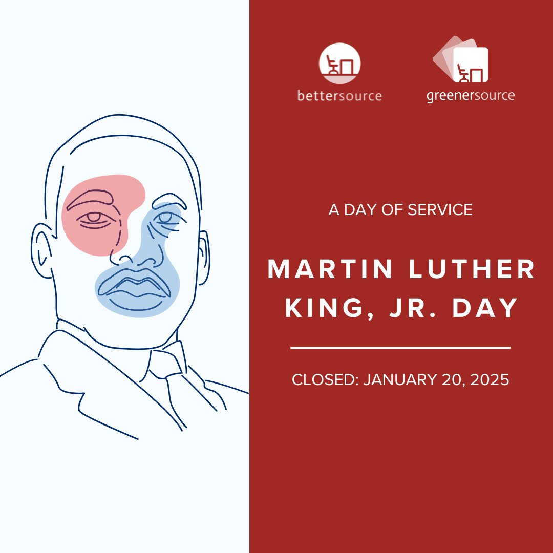 agreenersource's tweet image. In Honor of Martin Luther King Jr. Day, we will be closed on Monday, January 20, 2025.

A Day of Service, we observe the importance of equality and celebrate his life and achievements. 
#BetterSource #GreenerSource #DayofService #MLKDay #EqualityMatters #Community #Hope