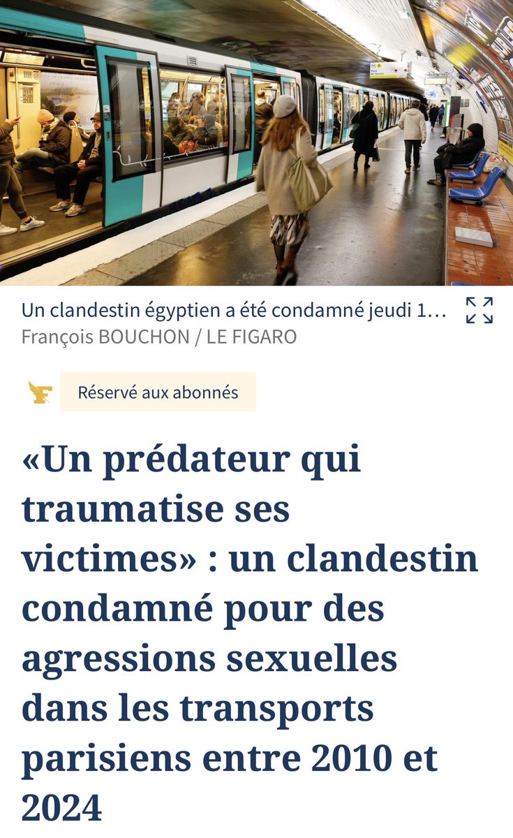 ClaireGeronimii's tweet photo. 🔴 “Agressions sexuelles dans les transports : le laxisme coûte la liberté des femmes”

Tamer K., clandestin, a agressé sexuellement des femmes pendant 14 ans avant d’être condamné à 5 ans de prison. 

À savoir que 62% des agresseurs en Île-de-France sont étrangers. 

Dégoût, peur, vies brisées : quand agira-t-on pour protéger les femmes ?
