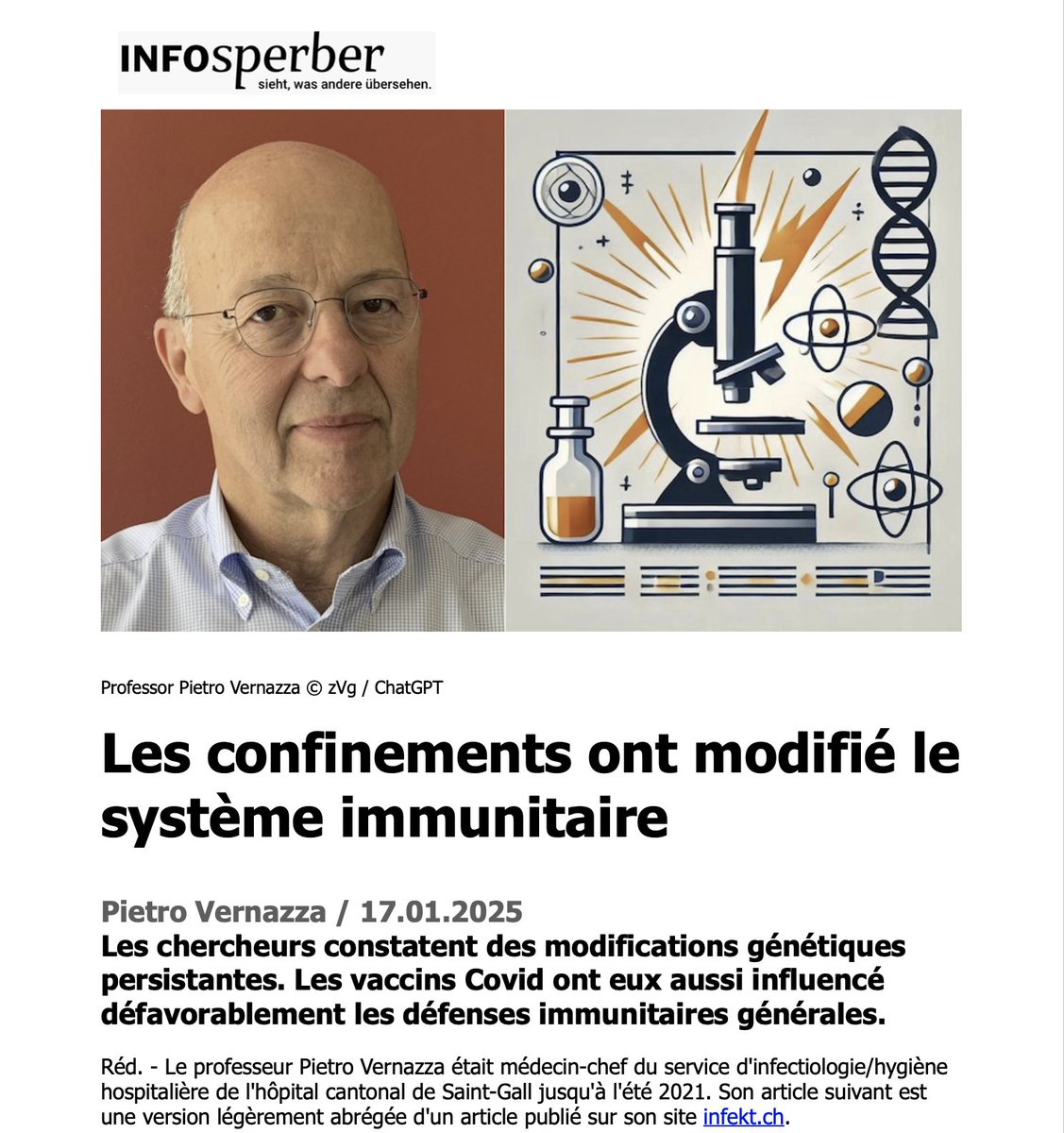CuendetV's tweet photo. 🙈 LES CONFINEMENTS ONT MODIFIÉ LE SYSTÈME IMMUNITAIRE

Les chercheurs constatent des modifications génétiques persistantes. Les 💉 Covid ont eux aussi influencé défavorablement les défenses immunitaires générales.

❇️ Réaction excessive du système immunitaire

❇️ Réaction immunitaire réduite après la 💉 COVID-19

❇️ Modifications des gènes dues aux confinements et aux 💉

❇️ Confirmation des hypothèses précédentes

❇️ Équilibrer la protection contre les infections et l'entraînement immunitaire

🔗 du PDF en 🇫🇷
https://t.co/DE0mHLYWnt

🔗 de l’article scientifique
https://t.co/K9DQE3KBZz

🔗 Article en🇩🇪 : https://t.co/yVYcvuoyKp