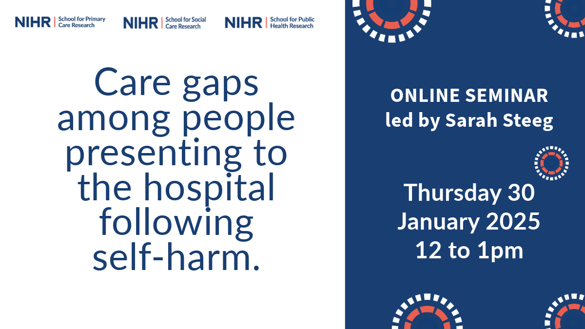 NIHR School for Primary Care Research (@nihrspcr) on Twitter photo Three Research Schools' Online Seminar | Care gaps among people presenting to the hospital following self-harm. Thursday, 30 January 2025, 12pm to 1pm. Find out more and register: bit.ly/3Ano3Et
#MentalHealth #selfharm
<a href="/Ashmore2009/">Claire Ashmore</a>
<a href="/GeorginaSPCR/">Dr Georgina Fletcher</a>
@sarahesteeg Three Research Schools' Online Seminar | Care gaps among people presenting to the hospital following self-harm. Thursday, 30 January 2025, 12pm to 1pm. Find out more and register: bit.ly/3Ano3Et
#MentalHealth #selfharm
<a href="/Ashmore2009/">Claire Ashmore</a>
<a href="/GeorginaSPCR/">Dr Georgina Fletcher</a>
@sarahesteeg