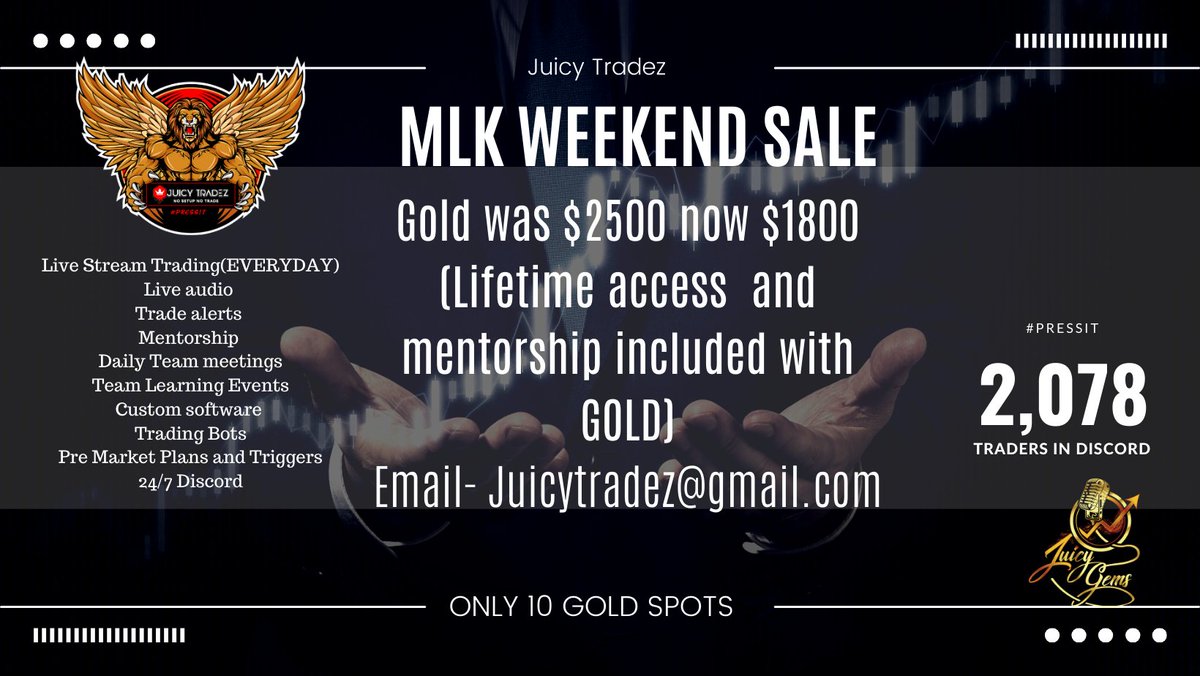 RealJuicyTradez's tweet image. 🚨 Gold Program SALE: $2,500 ➡️ $1,800! 🚨

Take your trading to the next level with:
✅ Live Stream Trading
✅ Lifetime Discord Access
✅ Trading Course
✅ 1-on-1 Mentorship
✅ Private Group Meetings
✅ Pre-Market Game Plans
&amp;amp; More!
📧 Email: juicytradez@gmail.com
💻 Join:…