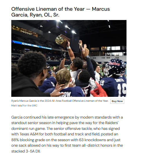 Jennifer Carr (@jac5617) on Twitter photo Congrats <a href="/mmarcusgarciaa/">Marcus Garcia</a> on earning Offensive Lineman of the Year! You've shown that hard work, dedication, and passion pay off. Keep that same drive at A&M and continue making us proud both on and off the field. <a href="/CoachCushing/">Adam Cushing</a> <a href="/CoachWiz77/">Wisly Desire</a> <a href="/CoachMikeElko/">Coach Mike Elko</a> <a href="/RyanRaiderFB/">Denton Ryan FB ⭐️⭐️⭐️</a> <a href="/kjamgroup/">kevin Carr</a> Congrats <a href="/mmarcusgarciaa/">Marcus Garcia</a> on earning Offensive Lineman of the Year! You've shown that hard work, dedication, and passion pay off. Keep that same drive at A&M and continue making us proud both on and off the field. <a href="/CoachCushing/">Adam Cushing</a> <a href="/CoachWiz77/">Wisly Desire</a> <a href="/CoachMikeElko/">Coach Mike Elko</a> <a href="/RyanRaiderFB/">Denton Ryan FB ⭐️⭐️⭐️</a> <a href="/kjamgroup/">kevin Carr</a>