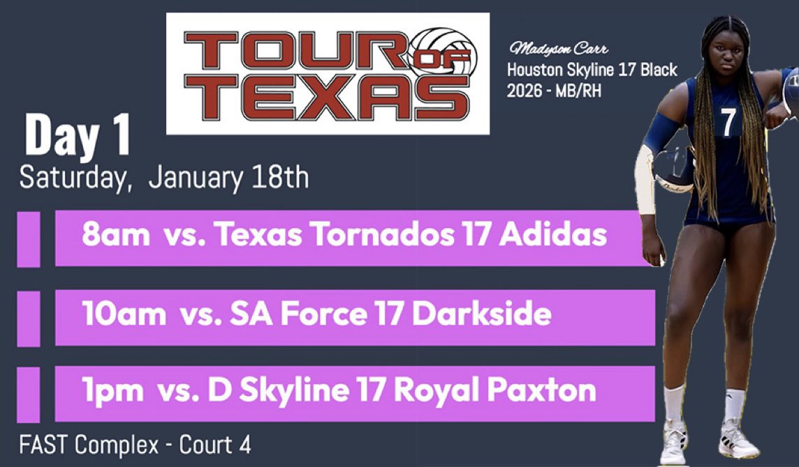 Madyson Carr (@madysoncarr2026) on Twitter photo ‼️ Tour of Texas Day 1 Schedule ‼️
Stop by Court #4. Let’s go <a href="/HoustonSkyline/">Houston Skyline</a> 17Black!
<a href="/VBAdrenaline/">VB Adrenaline</a> <a href="/grtorres/">Guilherme Torres</a> <a href="/PrepDig/">Prep Dig 🏐</a> ‼️ Tour of Texas Day 1 Schedule ‼️
Stop by Court #4. Let’s go <a href="/HoustonSkyline/">Houston Skyline</a> 17Black!
<a href="/VBAdrenaline/">VB Adrenaline</a> <a href="/grtorres/">Guilherme Torres</a> <a href="/PrepDig/">Prep Dig 🏐</a>