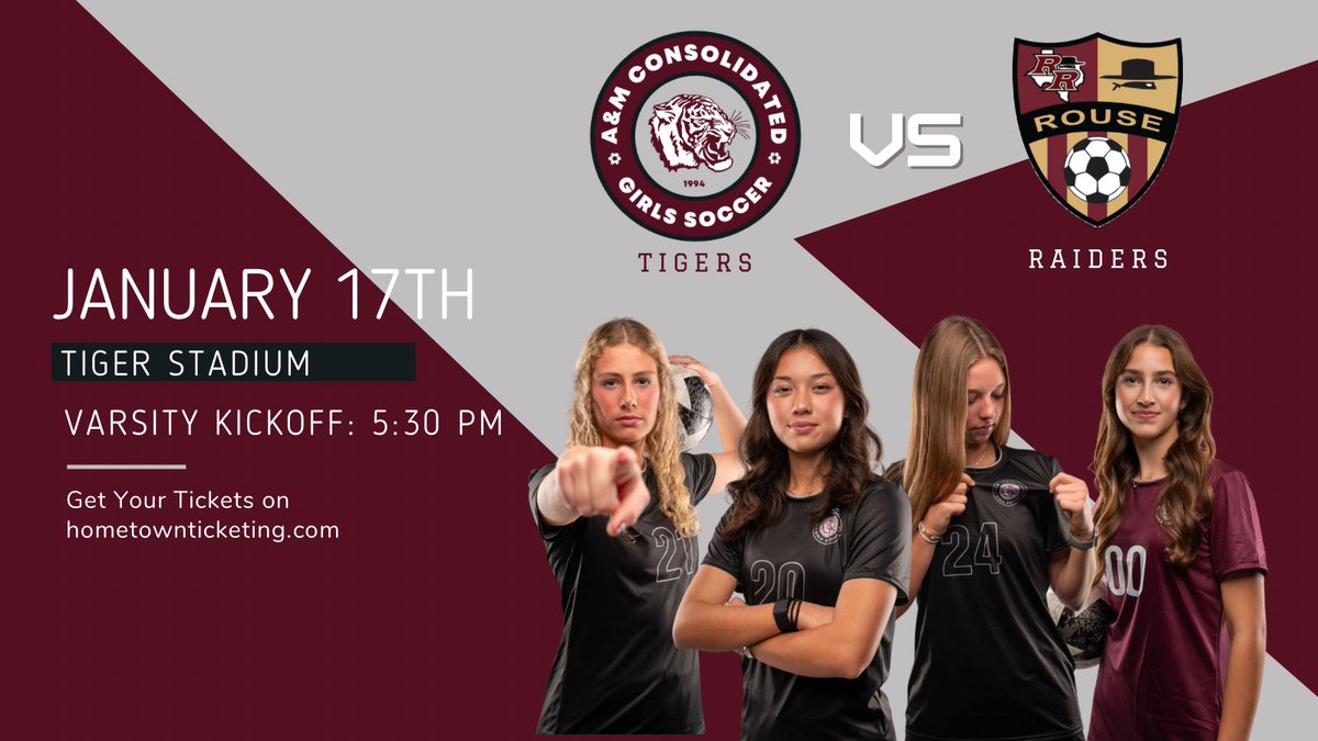A&M Consol Lady Tigers (@amcconsolsoccer) on Twitter photo 🚨GAMEDAY ALERT🚨
The Lady Tigers have a lone Varsity Game tonight at 🐅🏟️!
Come out and support your Tigers, as we prep for a 3 Day Weekend!
🆚 <a href="/RouseGirls/">Rouse Girls Soccer</a>
⏰ 5:30 PM
🎟️ tinyurl.com/TigersVRaiders
Iron sharpens iron.
#1and0 🚨GAMEDAY ALERT🚨
The Lady Tigers have a lone Varsity Game tonight at 🐅🏟️!
Come out and support your Tigers, as we prep for a 3 Day Weekend!
🆚 <a href="/RouseGirls/">Rouse Girls Soccer</a>
⏰ 5:30 PM
🎟️ tinyurl.com/TigersVRaiders
Iron sharpens iron.
#1and0