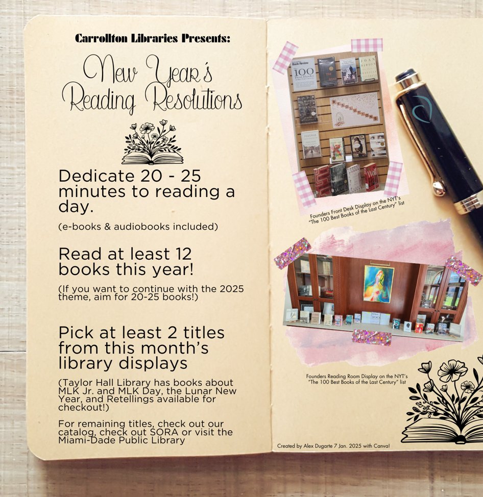 melinee_library's tweet photo. 2025 Upper School #ReadingResolutions Join us as we dedicate 20-25 minutes a day to finding and reconnecting with the power and love of books! π @CarrolltonSH @RSCJUSC https://t.co/GtVHJ6BWw9