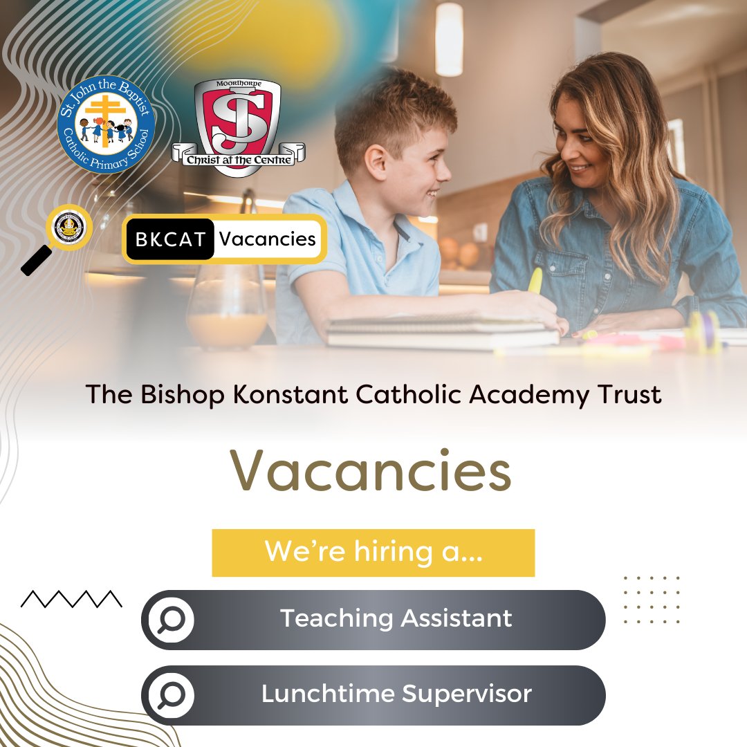 🔎👥 Vacancies:

We currently have two exciting opportunities across our Trust…

🧑‍🏫 Teaching Assistant at <a href="/SJMoorthorpe/">St Joseph's Moorthorpe</a> 

🍽️ Lunchtime Supervisor at <a href="/SJBNormanton/">St John the Baptist</a> 

🖱️ Visit our dedicated vacancies website to find out more and apply!

🔗 bit.ly/bkcat-vacancies

🏫✝️⛪