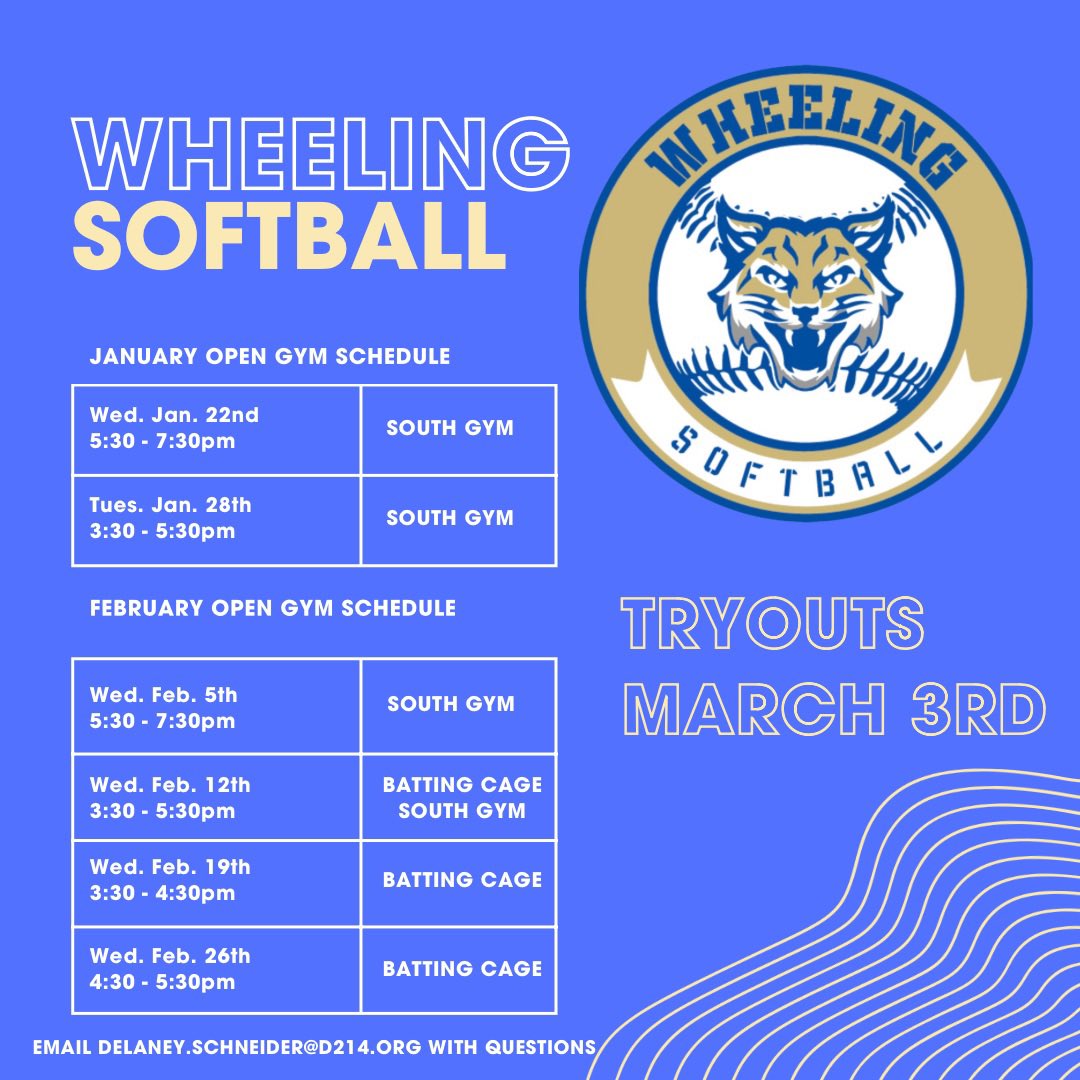 Miss Schneider (@d_schneiderd214) on Twitter photo Softball season is just around the corner! Wheeling Softball will be hosting open gyms during January and February after school. See you there! ๐ฅ๐พ <a href="/pizzaprovisions/">Armands Arlington Heights</a> <a href="/WHSactivities/">Wheeling Wildcats Athletics and Activities</a> Softball season is just around the corner! Wheeling Softball will be hosting open gyms during January and February after school. See you there! ๐ฅ๐พ <a href="/pizzaprovisions/">Armands Arlington Heights</a> <a href="/WHSactivities/">Wheeling Wildcats Athletics and Activities</a>