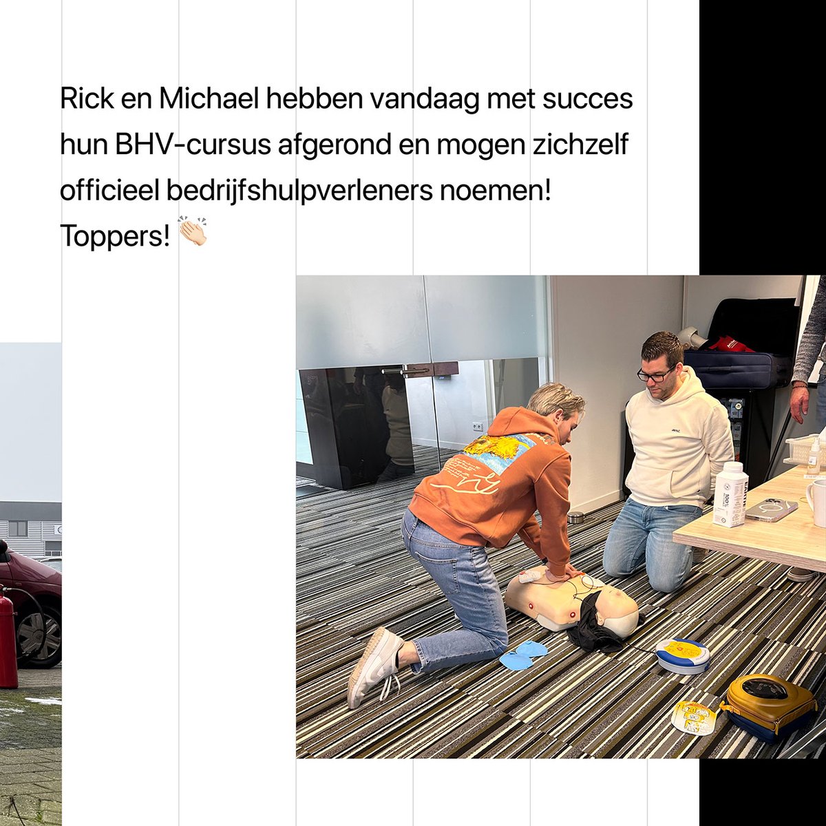 Rick en Michael hebben vandaag met succes hun BHV-cursus afgerond! 

Tijdens de training leerden ze onder andere levensreddende handelingen, brandbestrijding en evacuatieprocedures. 
Gefeliciteerd, Rick en Michael! 🎉

#Veiligheid #BHV #DeKrachtVanEenVeiligBureau