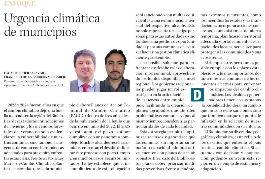Hoy en Diario Concepción con <a href="/fdelabarrera/">Francisco de la Barrera</a> .
Alcaldes arriesgan sanciones por no contar con Plan Acción Local contra Cambio Climático…el
Plazo se acerca y presupuesto no se ve…