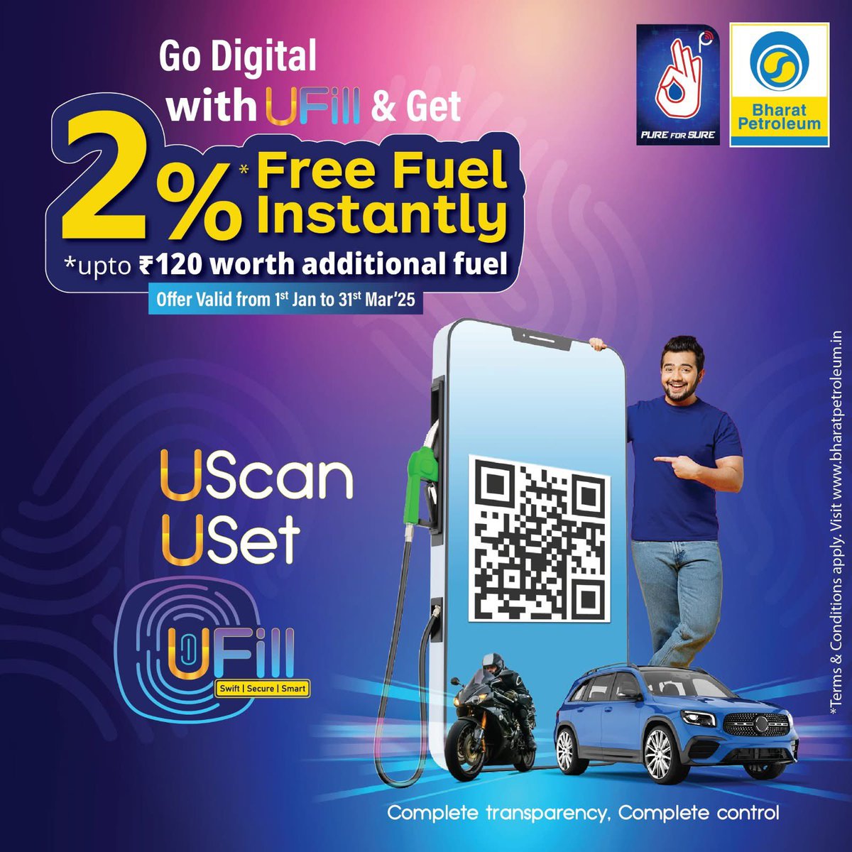 BPCLRetail1's tweet photo. Switch to UFill and fuel up on Savings! 

✨ Enjoy 2%* free fuel instantly—up to ₹120* on every fuelling!
💡 Just UScan. USet. UFill. for a quick, smooth, and hassle-free experience.

UFill offers Complete  Transparency and Complete Control. https://t.co/RXEvVxwj6g